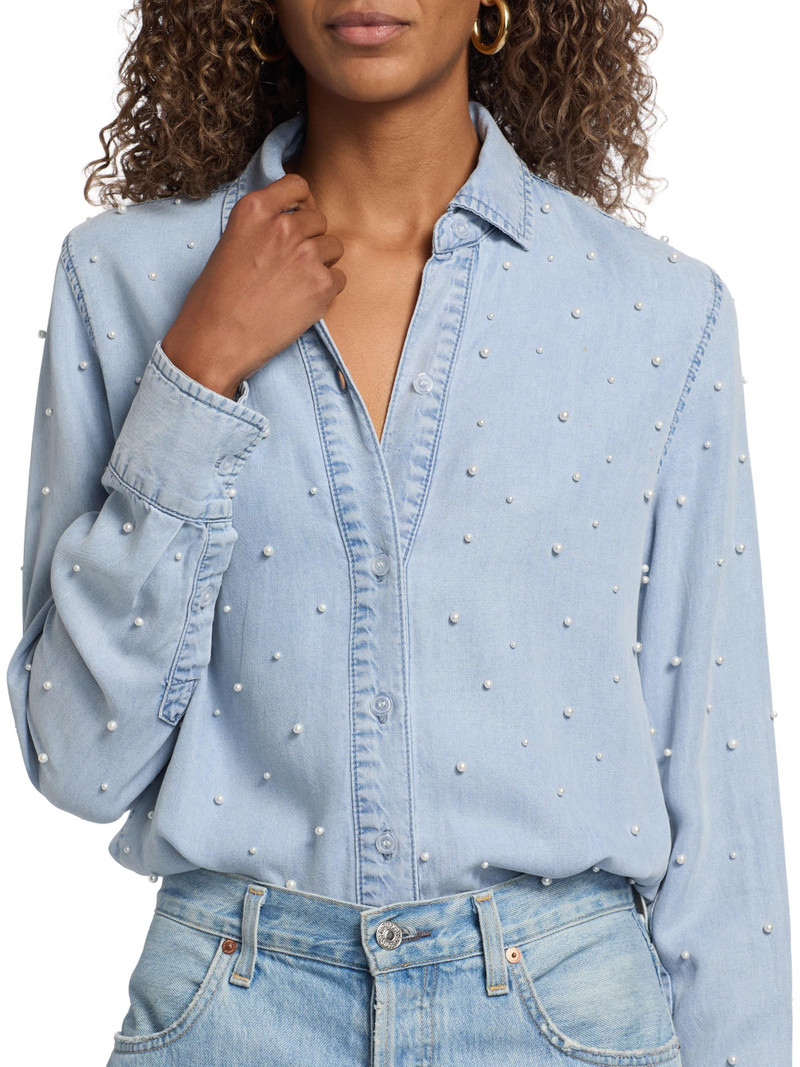 Women's Marcello Imitation Pearl-Embellished Shirt - Light Blue Pearl 6
