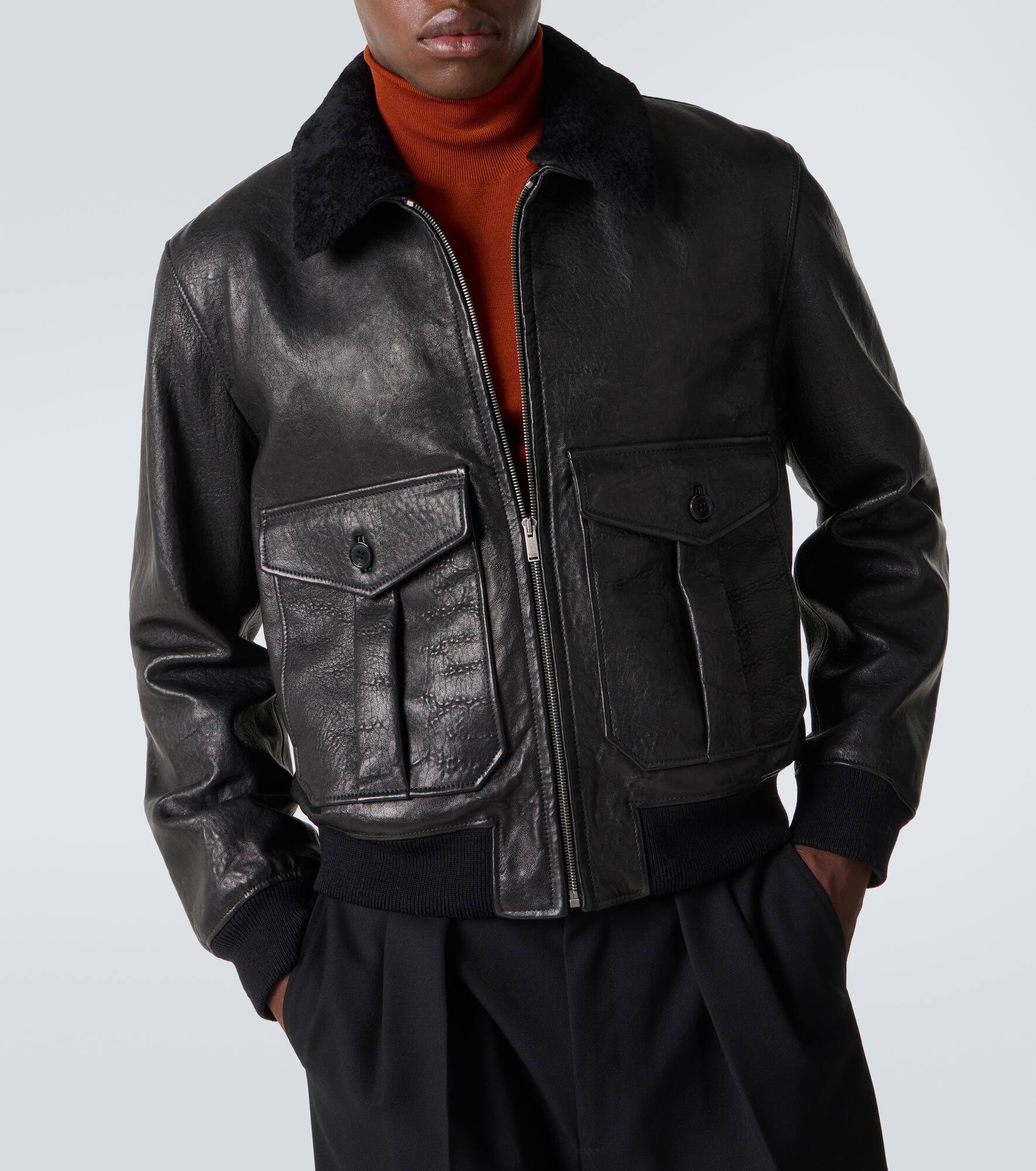 Shearling-trimmed leather bomber jacket - 5