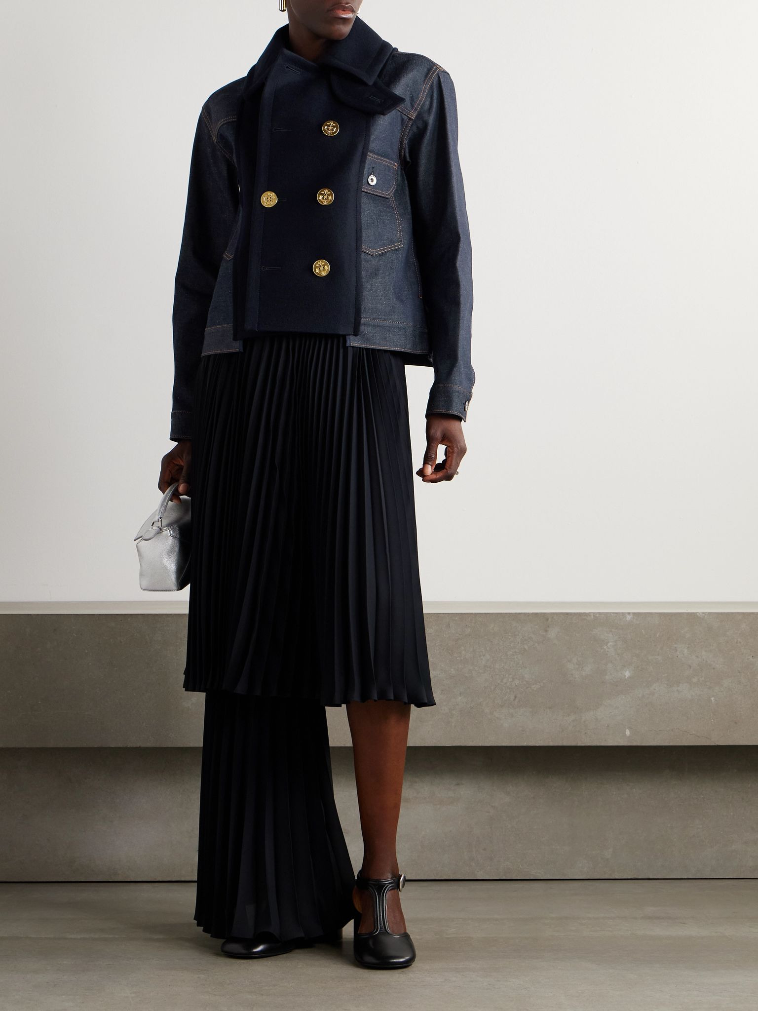 Double-breasted wool-trimmed denim jacket Navy - 2