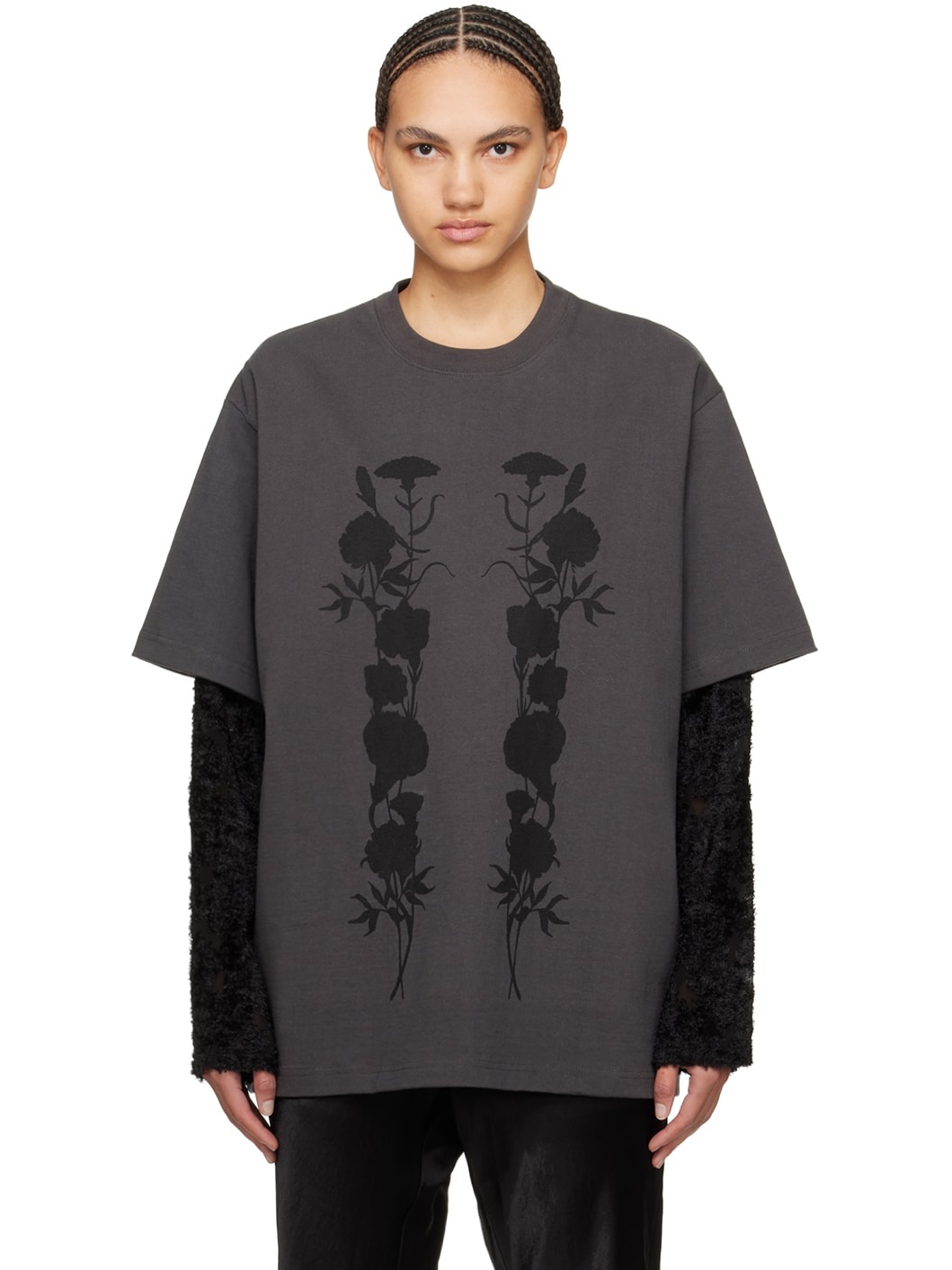 Gray 'Black Foliage' Long Sleeve T-Shirt - 1