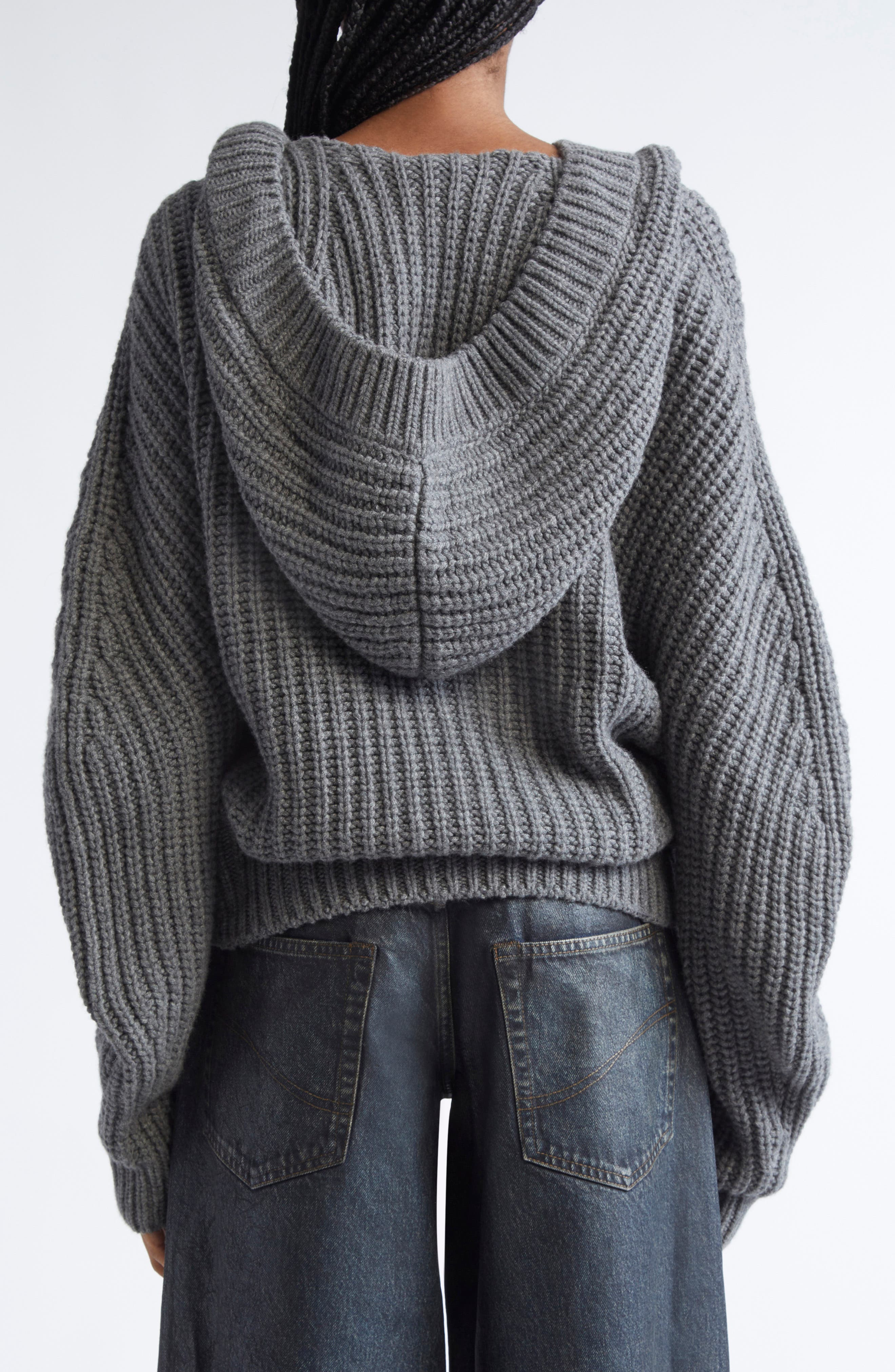 Stella McCartney Hooded Oversize Recycled Cashmere & Virgin Wool Rib Cardigan in Dark Grey Melange a - 3
