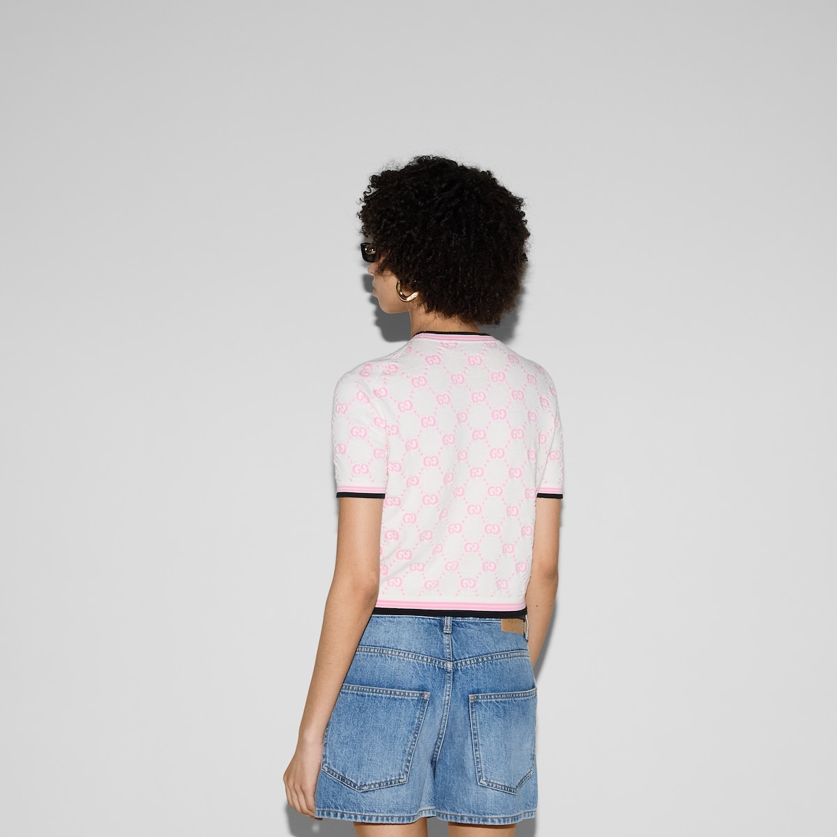 Cotton crewneck top with GG intarsia - 4