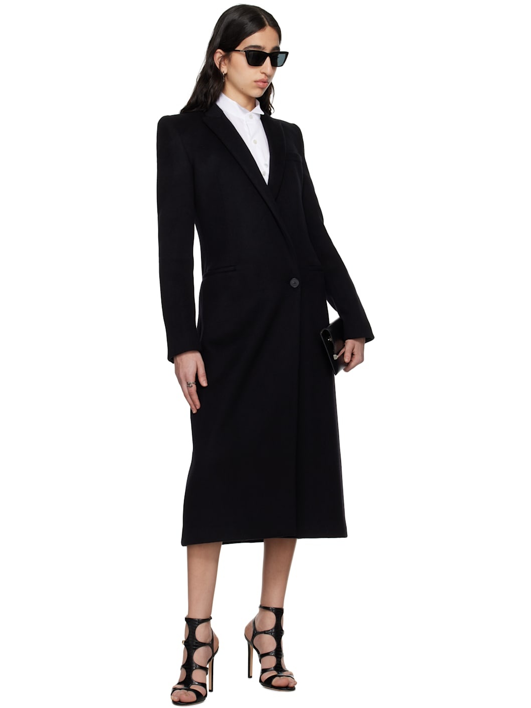 Black Stacked Shoulder Tailored Coat - 4