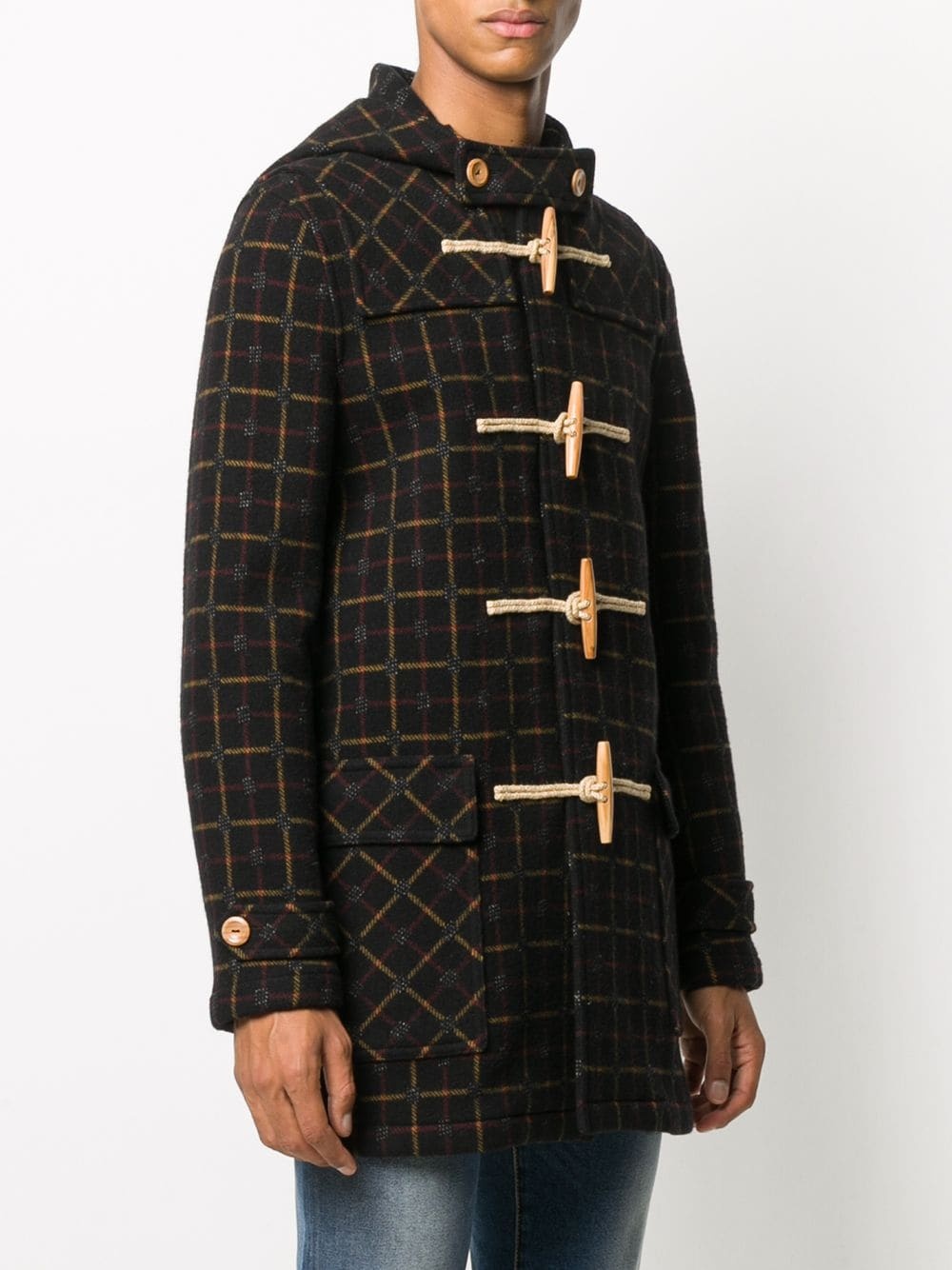 checked hooded duffle coat - 3