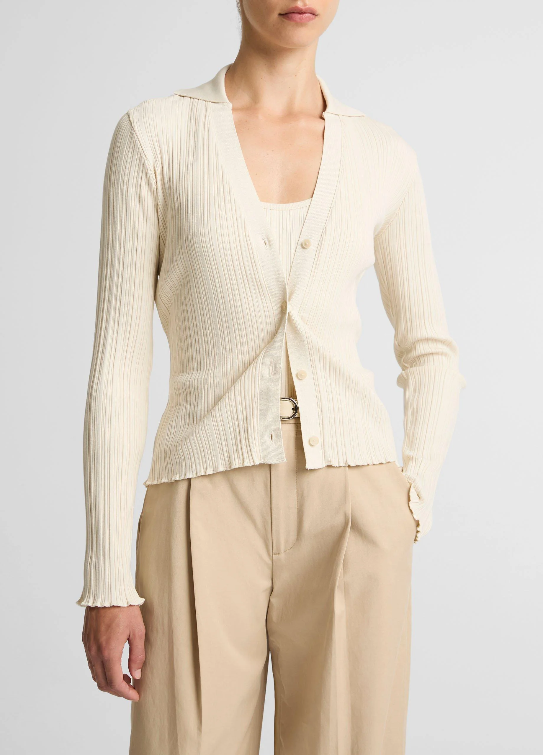 Variegated-Rib Cotton-Blend Polo Top - 1