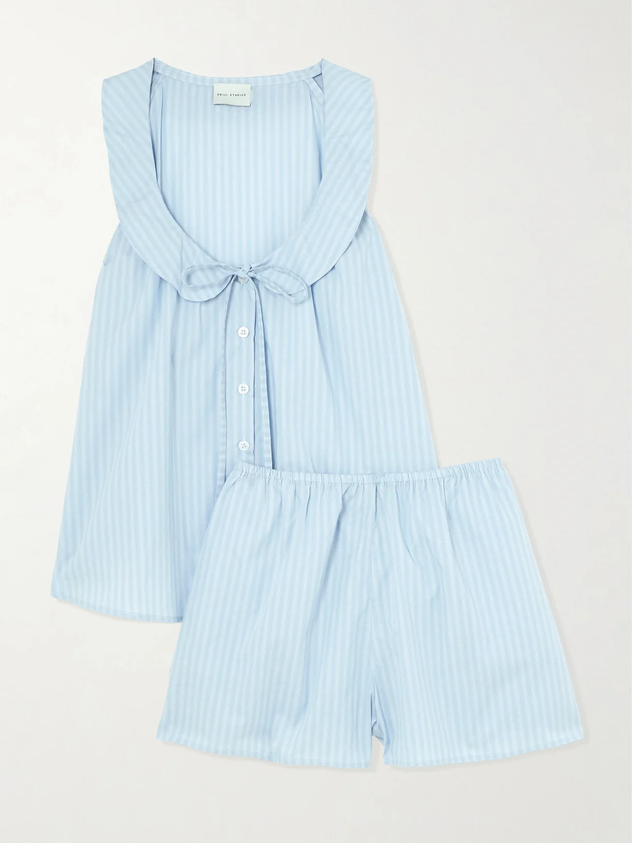 Round Collar Tie-detailed Striped Organic Cotton Shirt And Shorts Set - 1