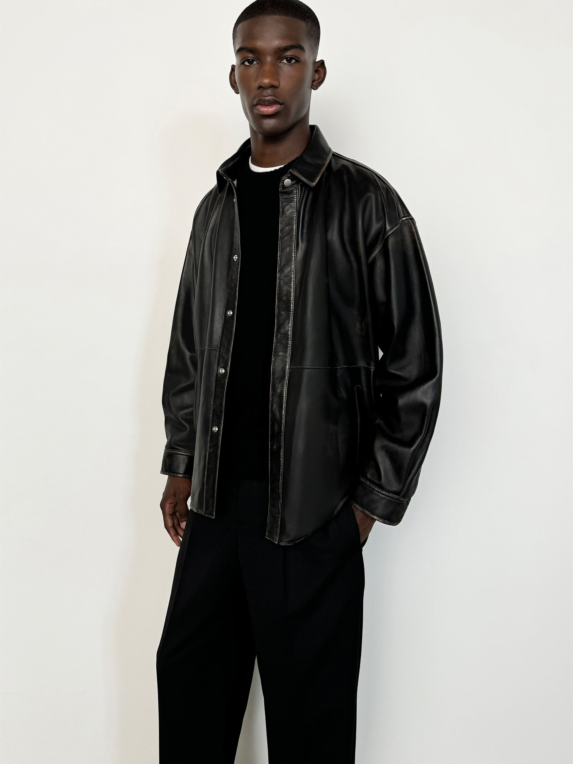 Washed Leather Shirt in Black Washed - 2