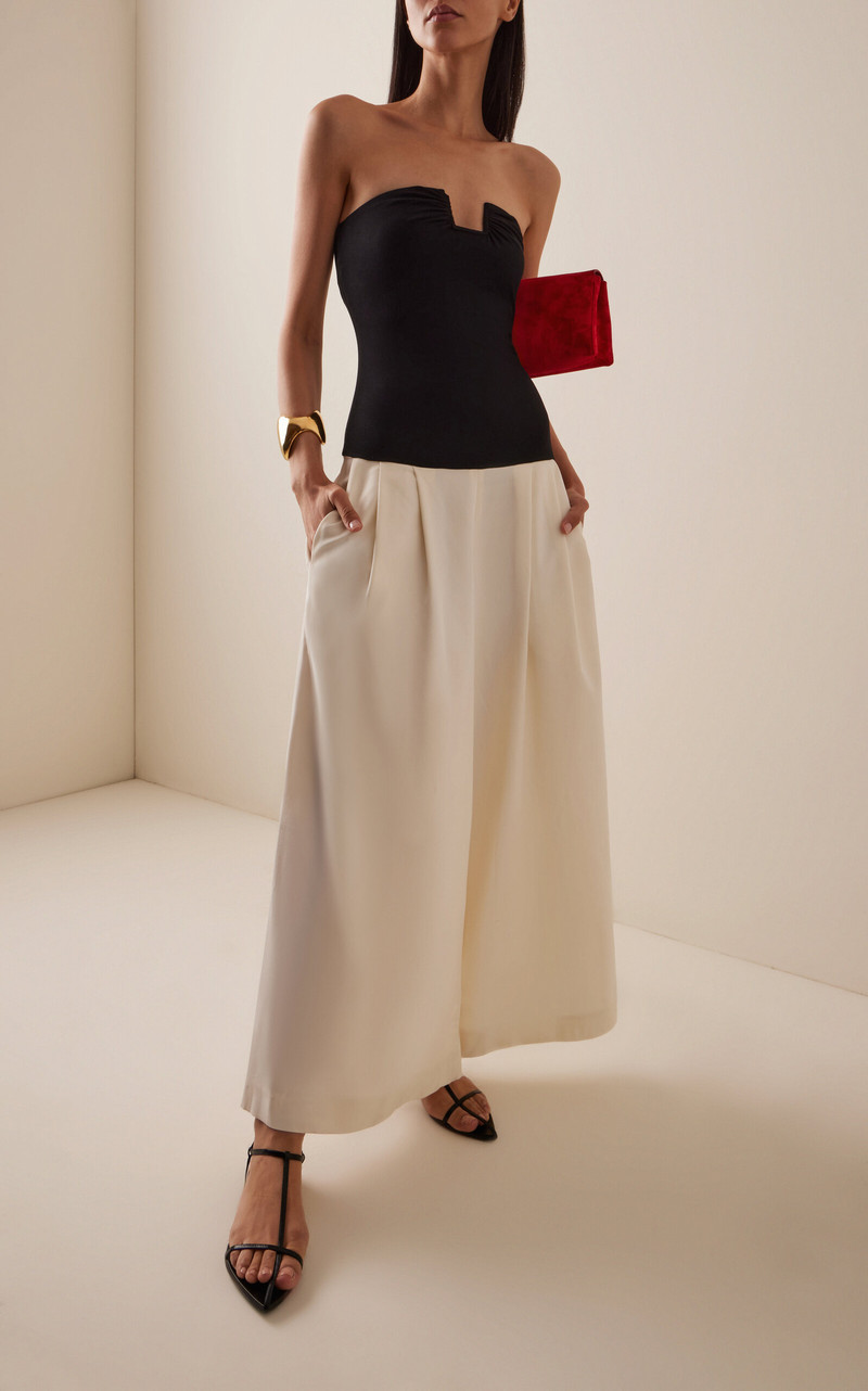 BEVZA Carolyn Strapless Silk Wide-Leg Jumpsuit black/white outlook