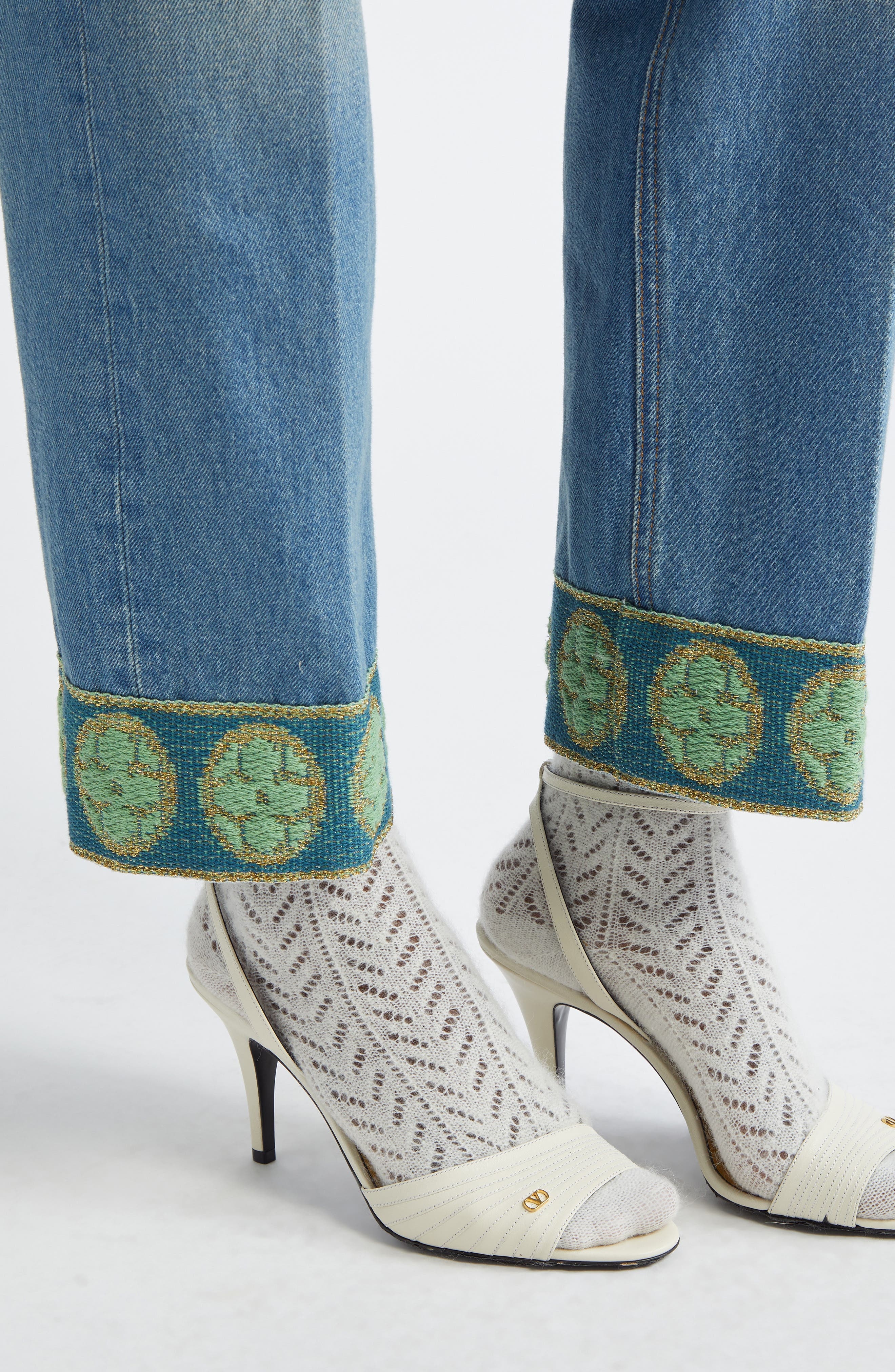 Valentino Garavani Jacquard Trim Straight Leg Jeans in Medium Blue Denim at Nordstrom - 5