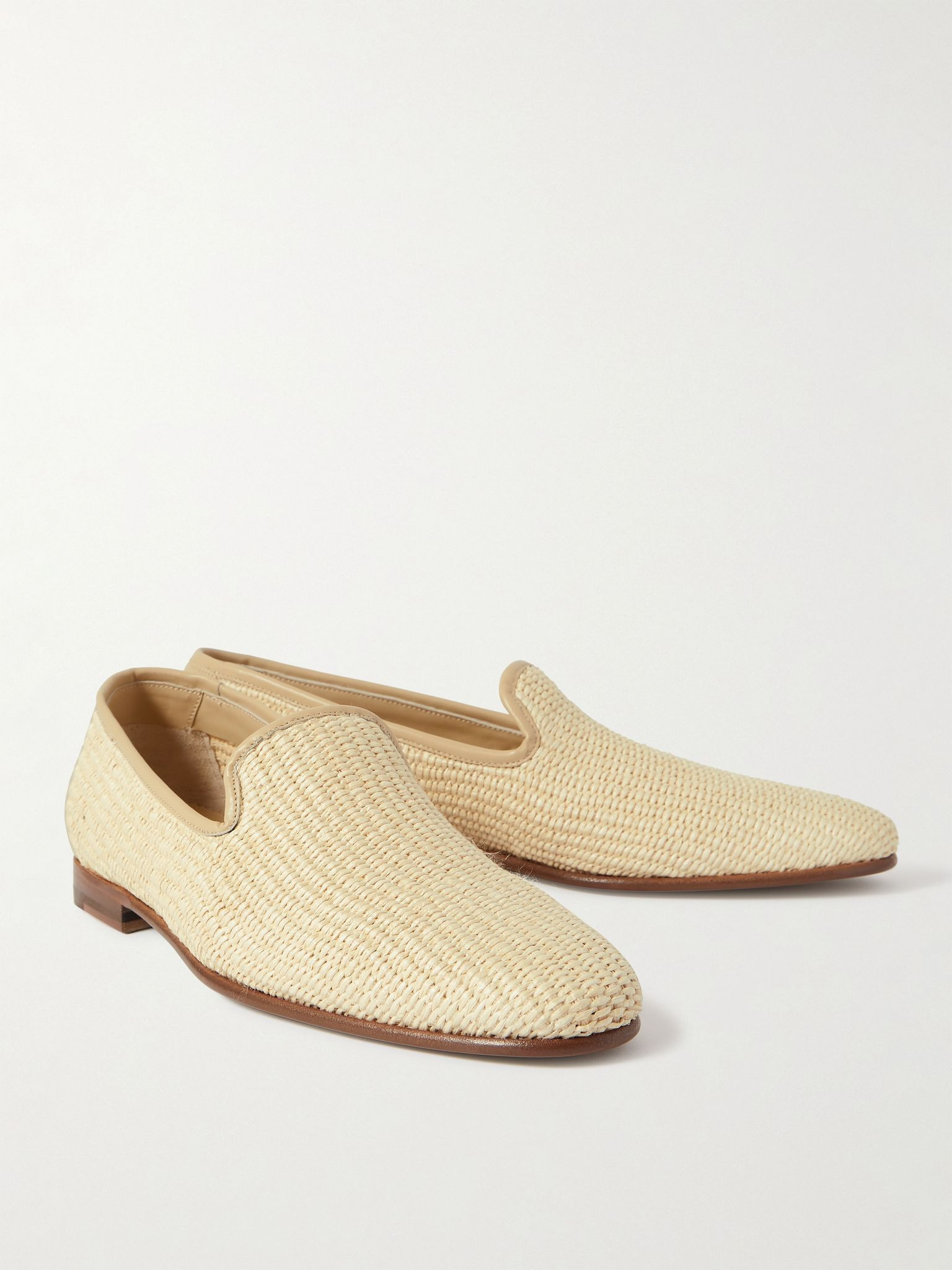 Mario Leather-Trimmed Raffia Loafers Beige - 3