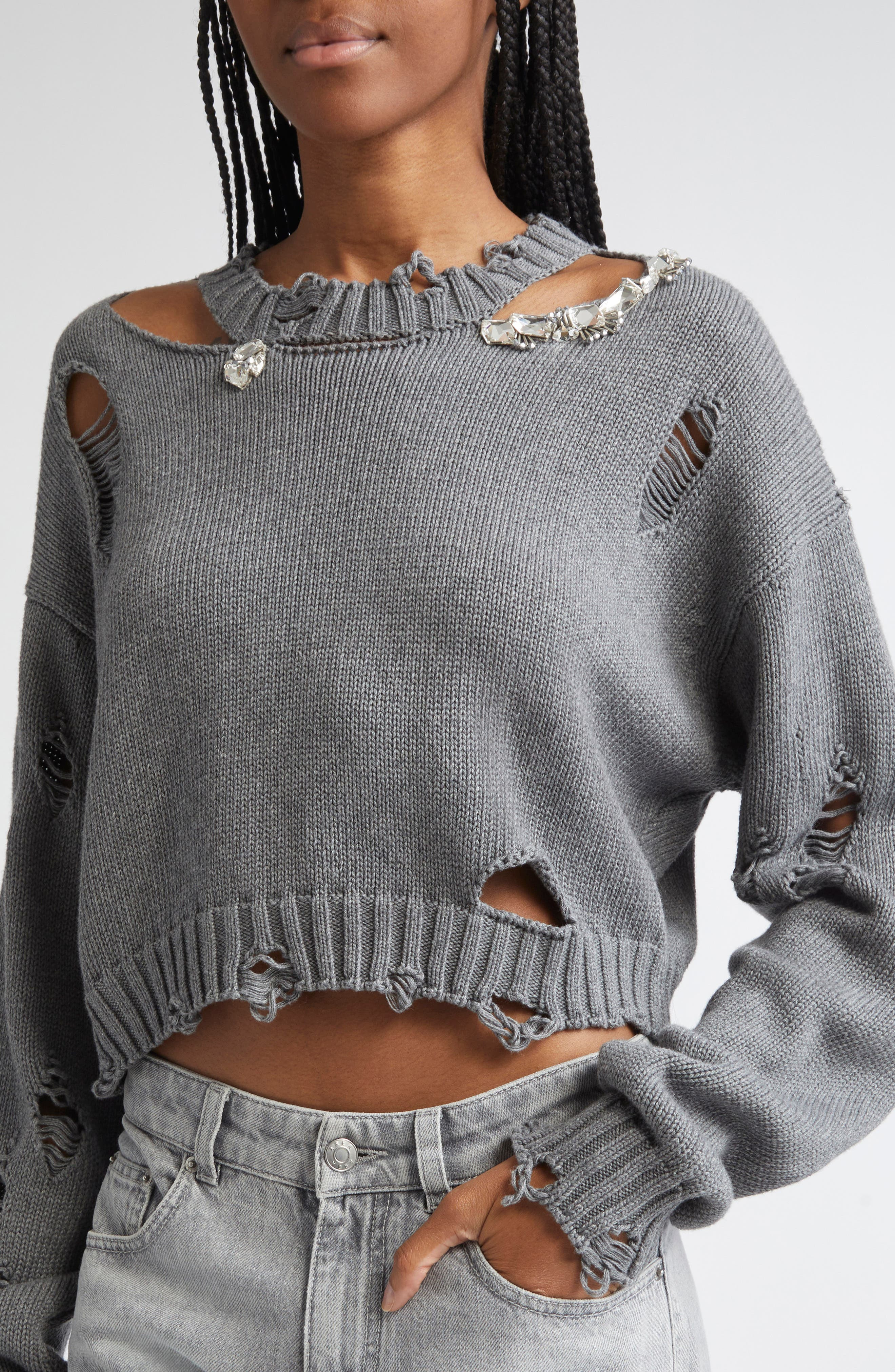 Area Distressed Crystal Organic Cotton & Cashmere Crewneck Sweater in Heathered Grey at Nordstrom - 3