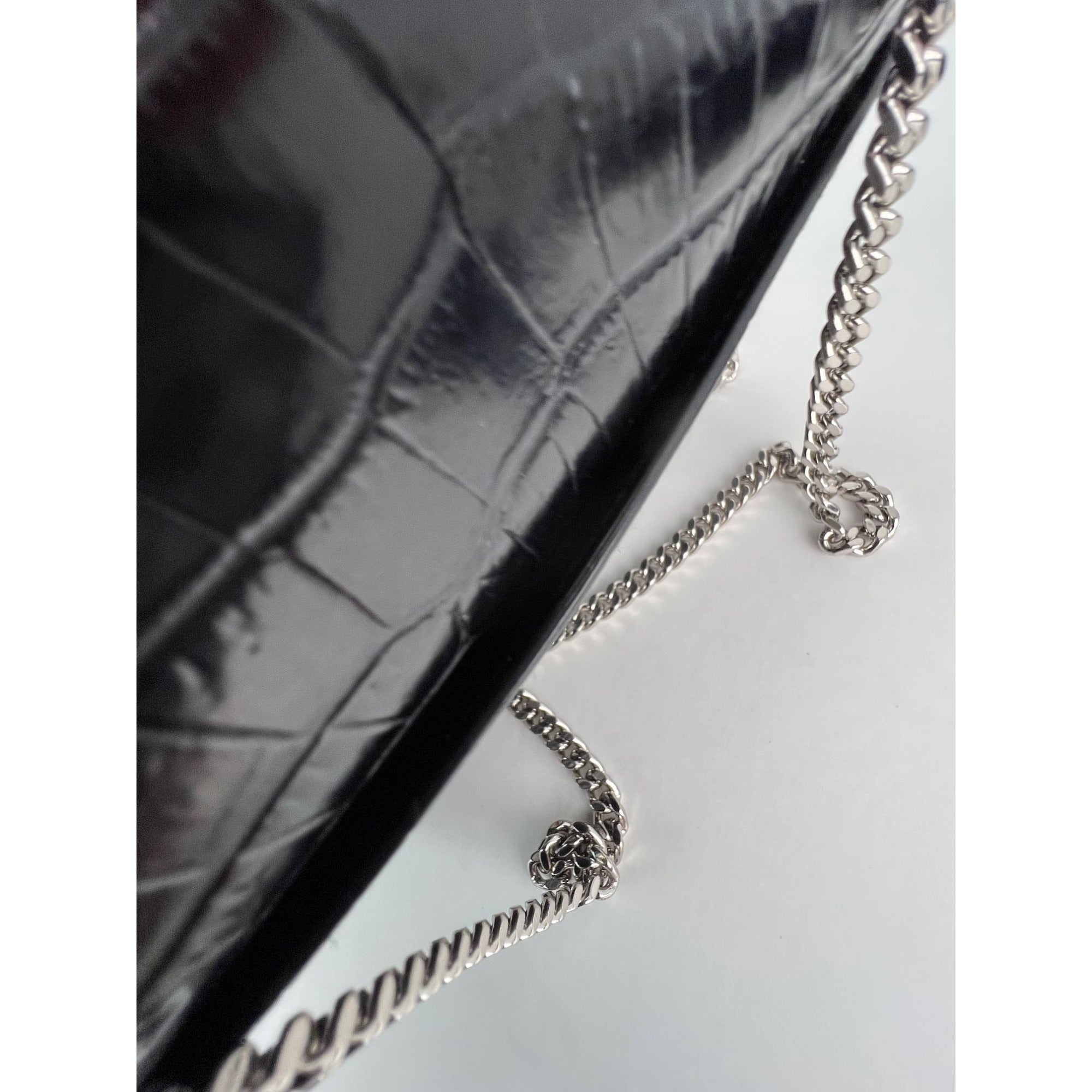 Saint Laurent Black Leather Sunset Wallet on a Chain Crocodile Embossed Bag - 15
