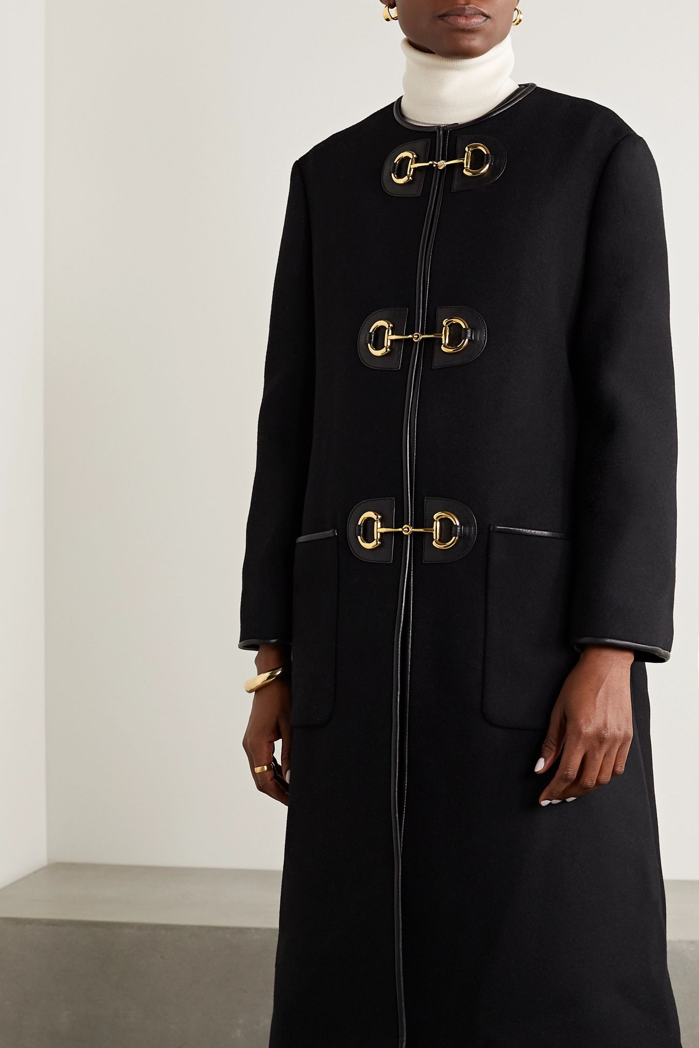 Leather-trimmed wool-blend coat - 3