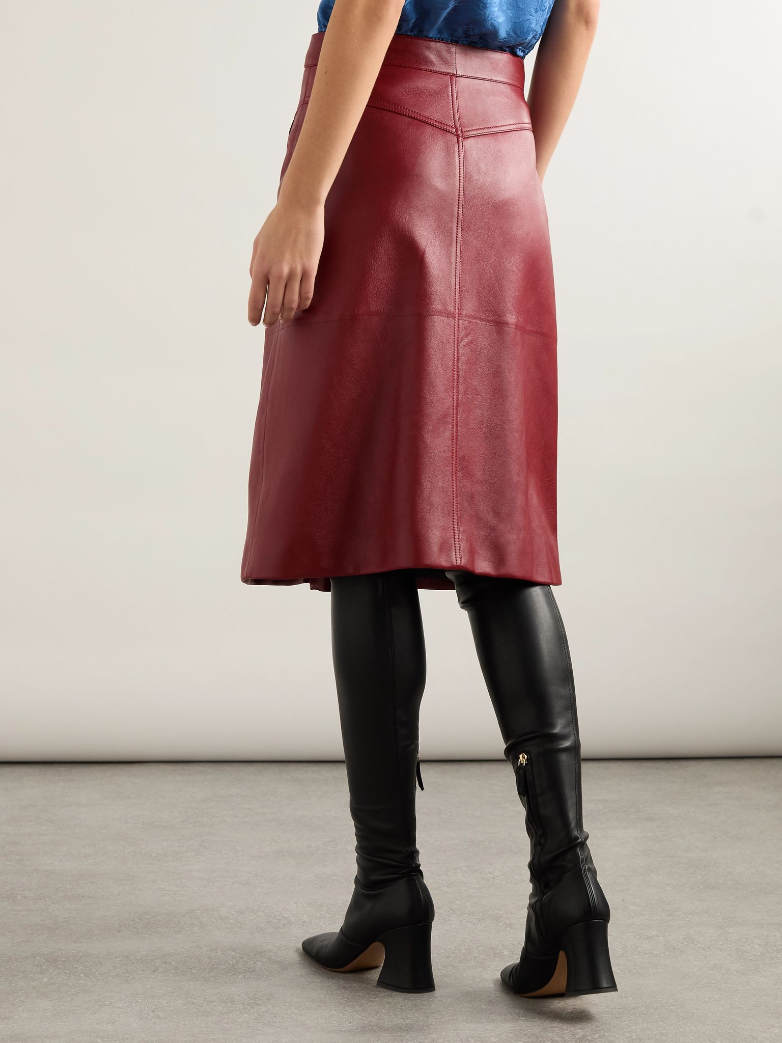 Pleated paneled leather midi skirt Burgundy - 4