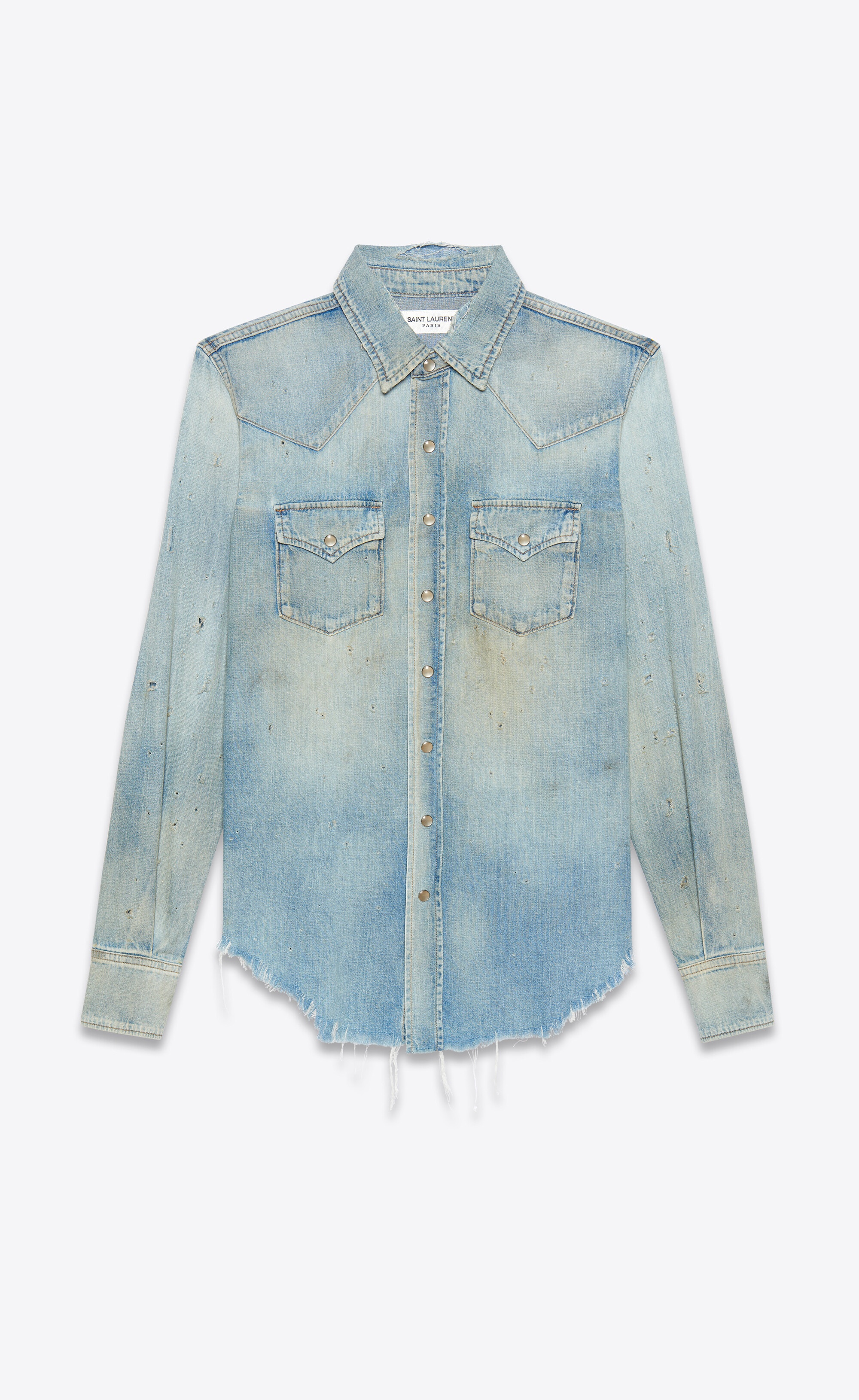 destroyed classic western shirt in dirty vintage blue denim - 1