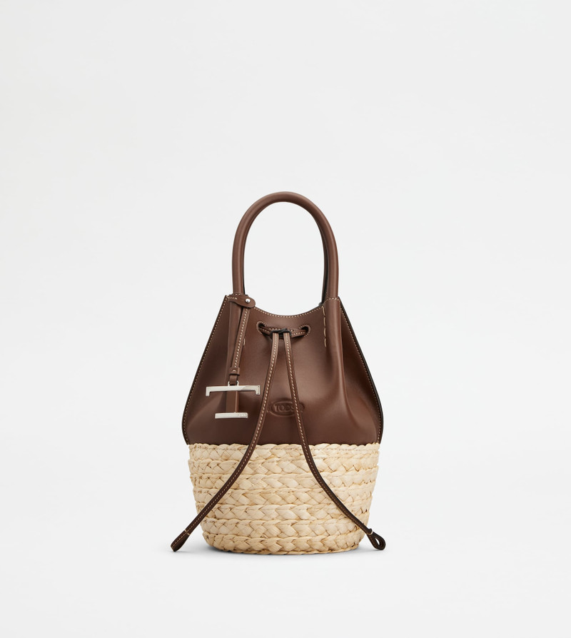 BUCKET BAG IN STRAW AND LEATHER MINI - BROWN, NATURAL 1