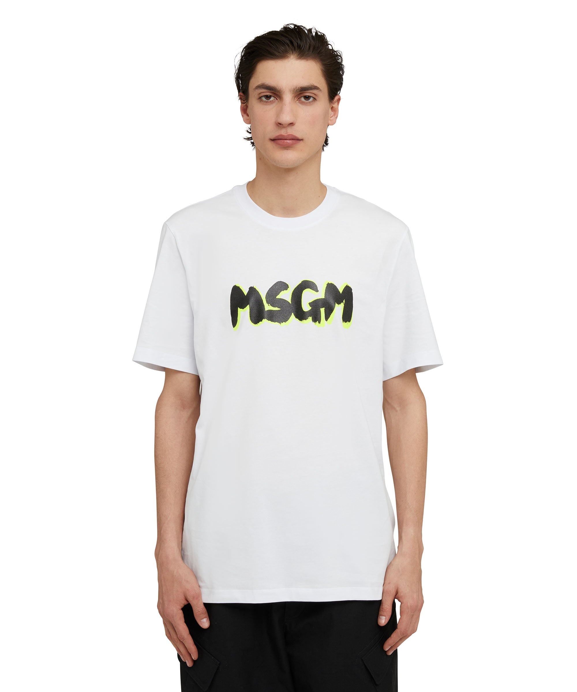 Cotton crewneck t-shirt with new brushed MSGM logo in fluorescent shade - 1