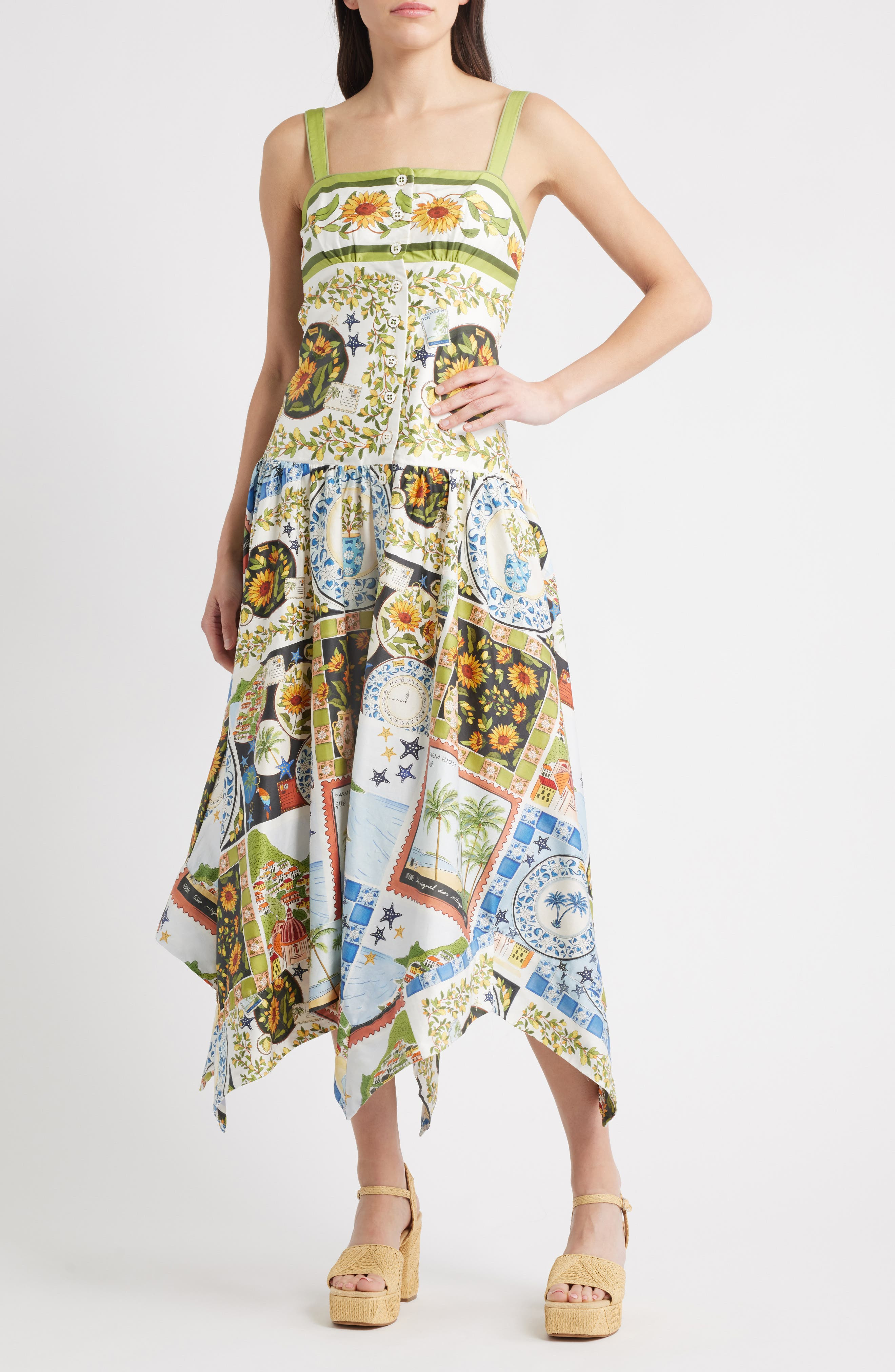 FARM Rio Latin Trip Print Asymmetric Cotton Button-Front Sundress in Off-White at Nordstrom - 1