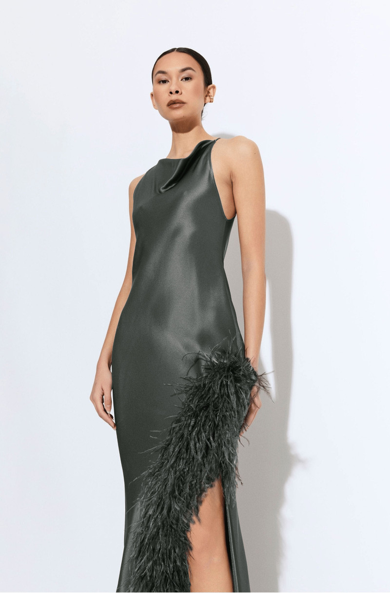 Satin Halter Gown With Feathers 1