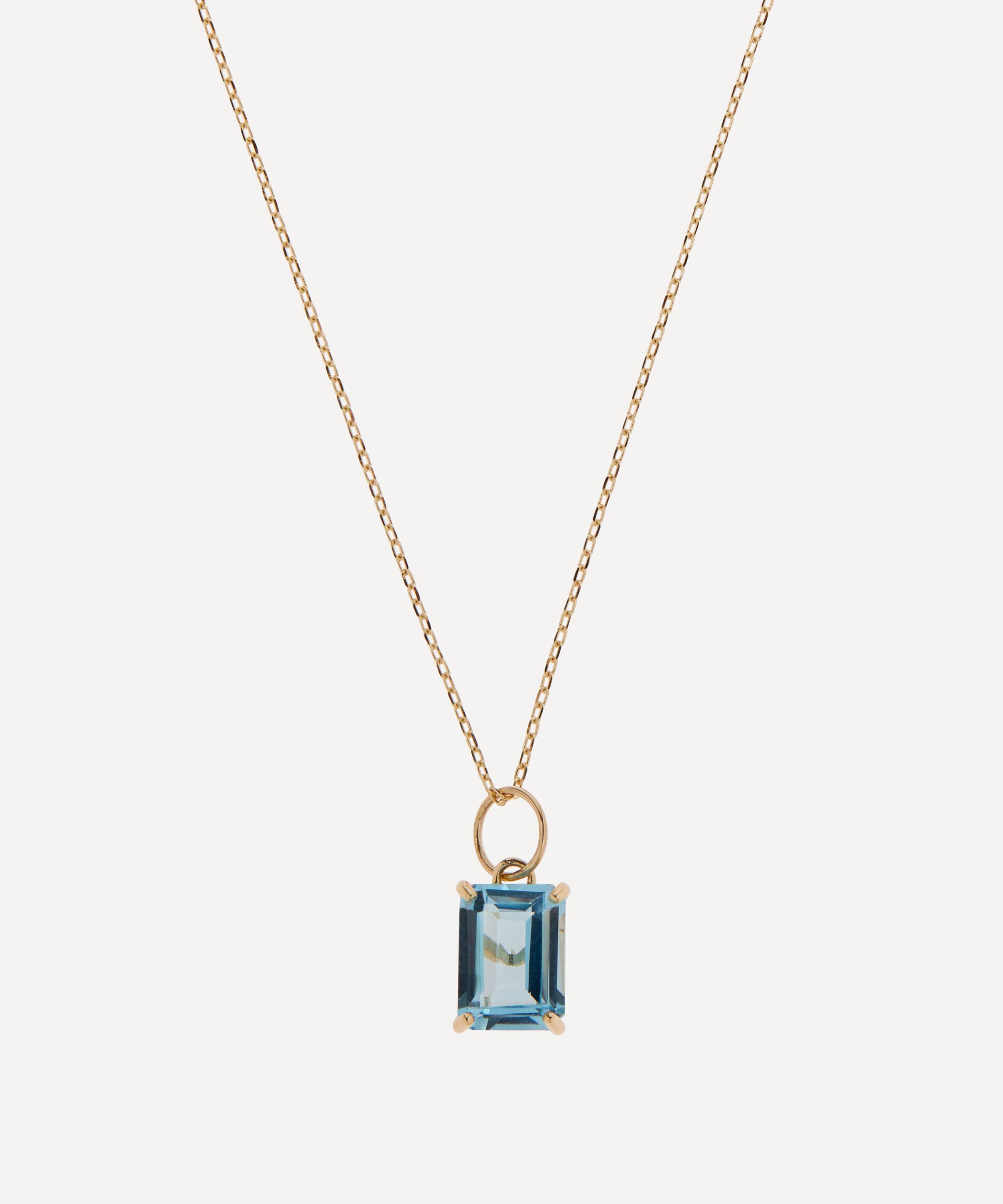 14ct Gold Emerald Cut Blue Topaz Pendant Necklace - 1