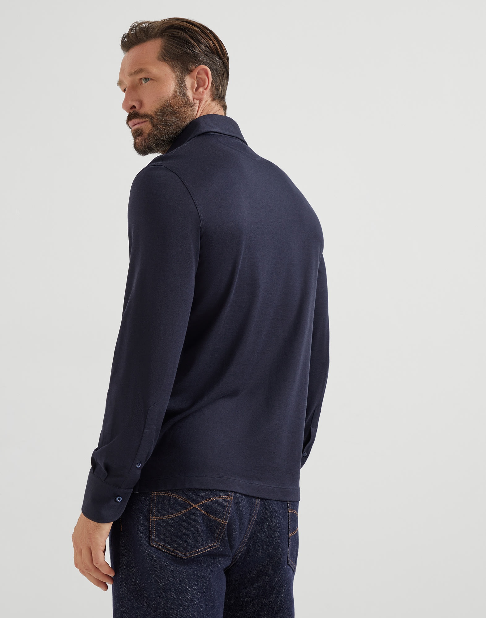 Silk and cotton lightweight jersey long sleeve polo with shirt-style collar - 2
