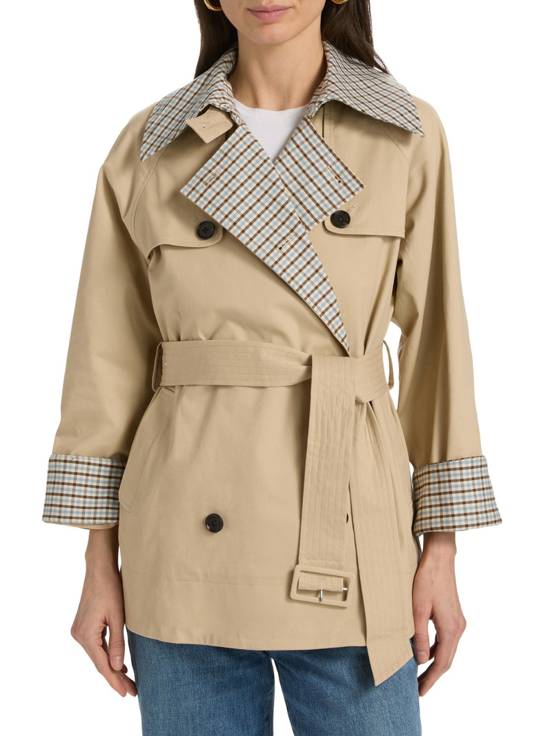 Women's Lucien Plaid-Trim Stretch-Cotton Crop Trench Coat - Sand 3