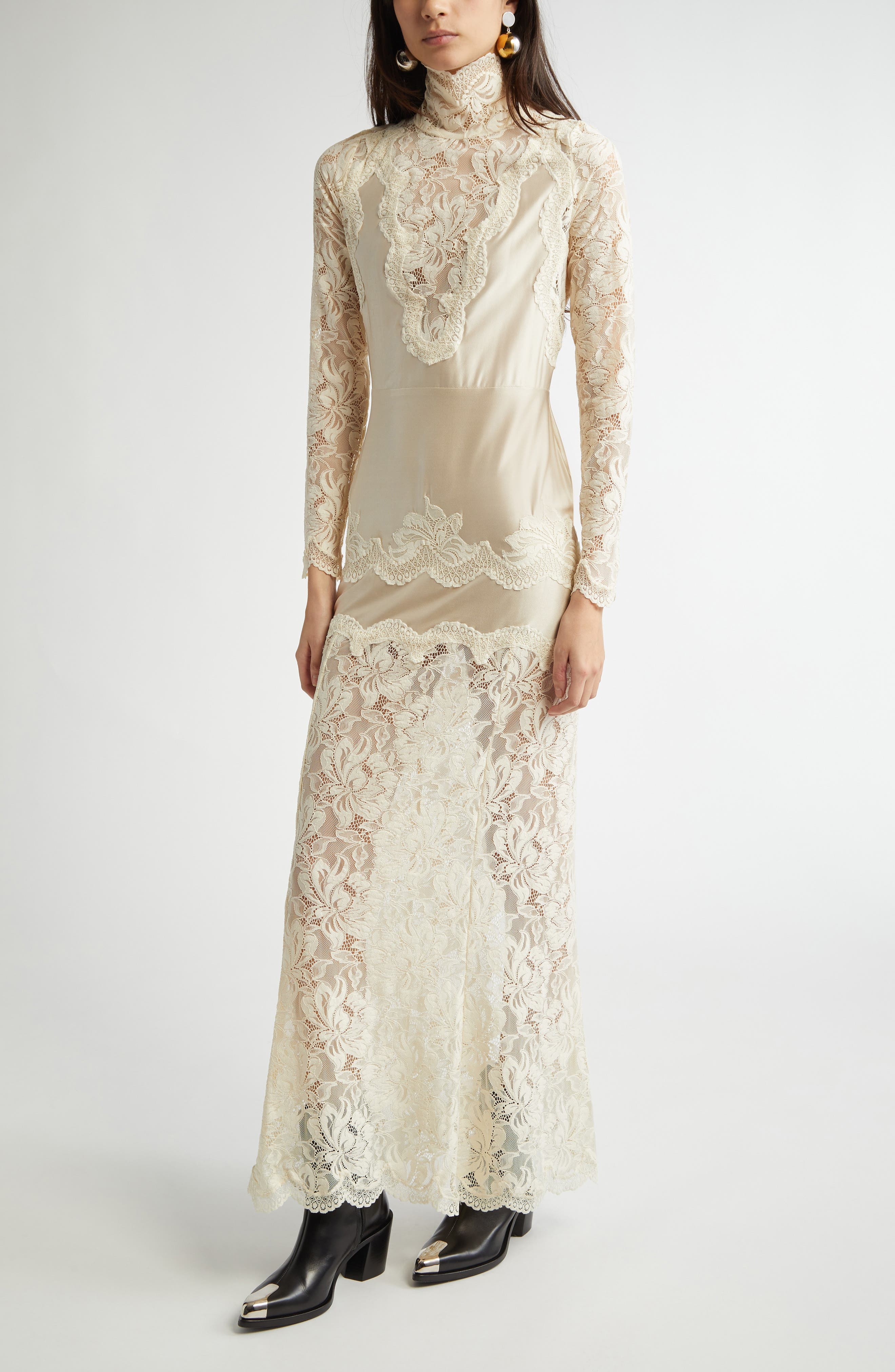Rabanne Long Sleeve Lace & Jersey Dress in Ivory at Nordstrom - 4