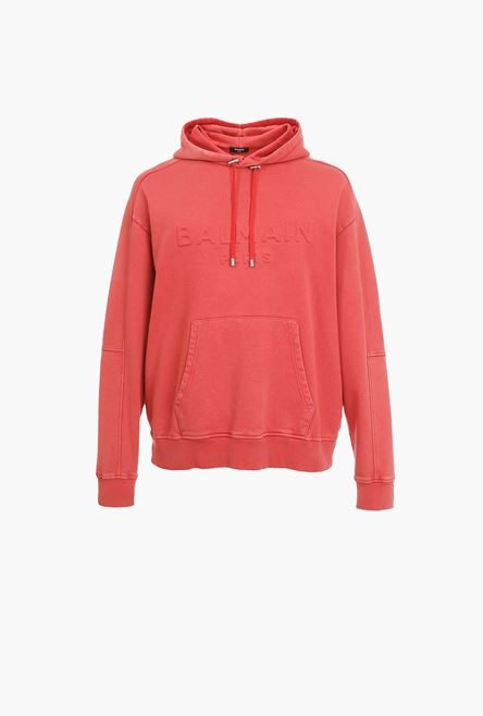 Faded red cotton hooded sweatshirt with embossed Balmain logo - 1