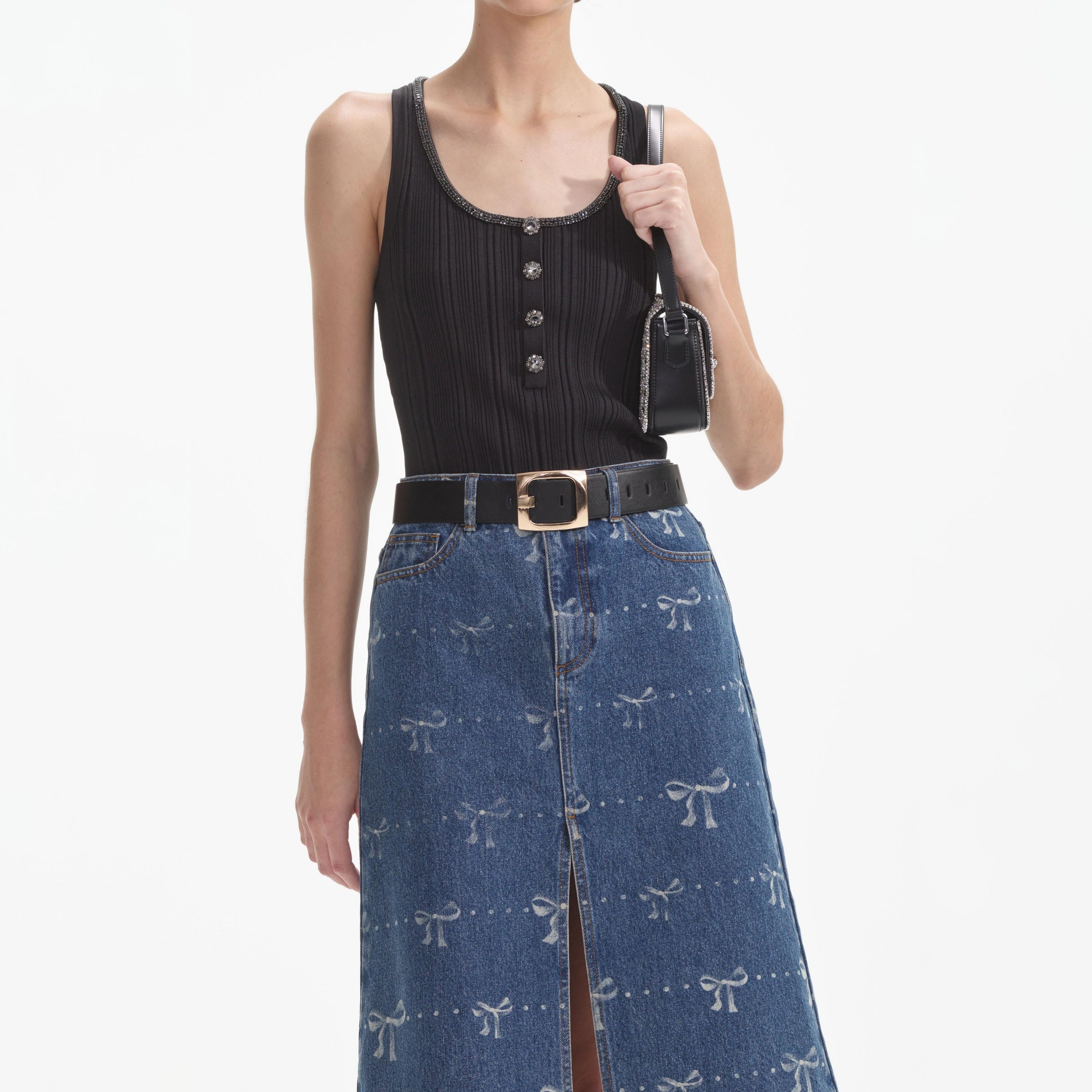 Bow Print Denim Midi Skirt - 4