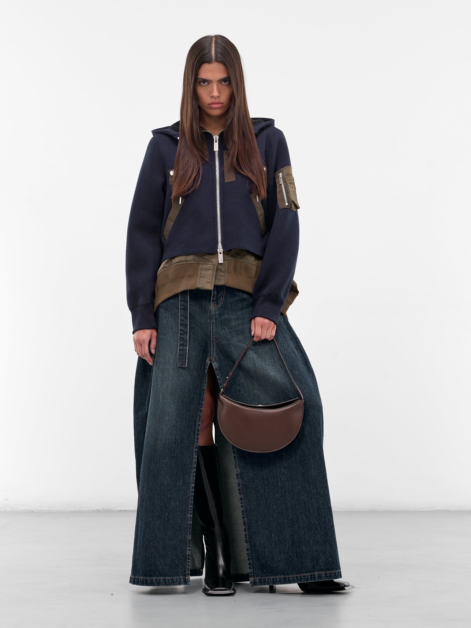 Navy Mixed-Material Zip Hoodie - 6