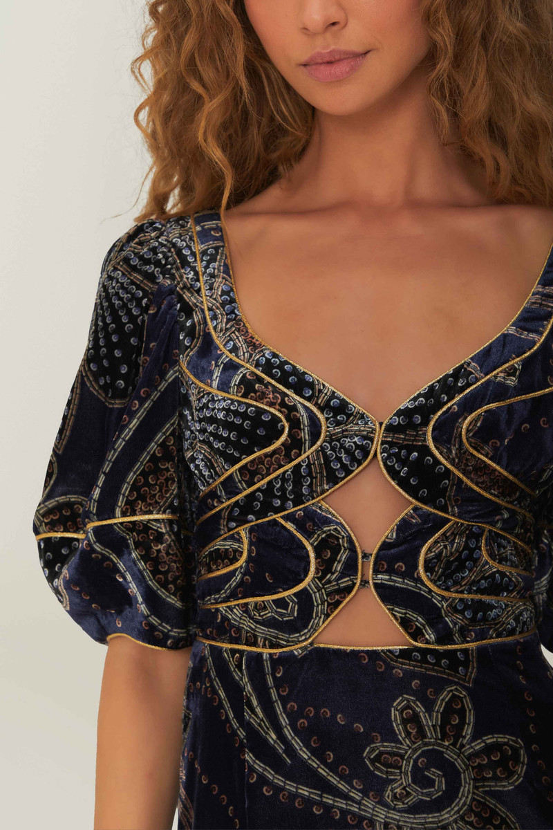 Blue Floral Glam Scarf Velvet Mini Dress 3