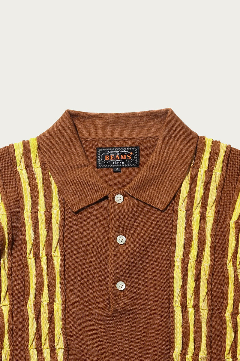 BEAMS PLUS Knit Polo Born Stripe 14G - Brown outlook
