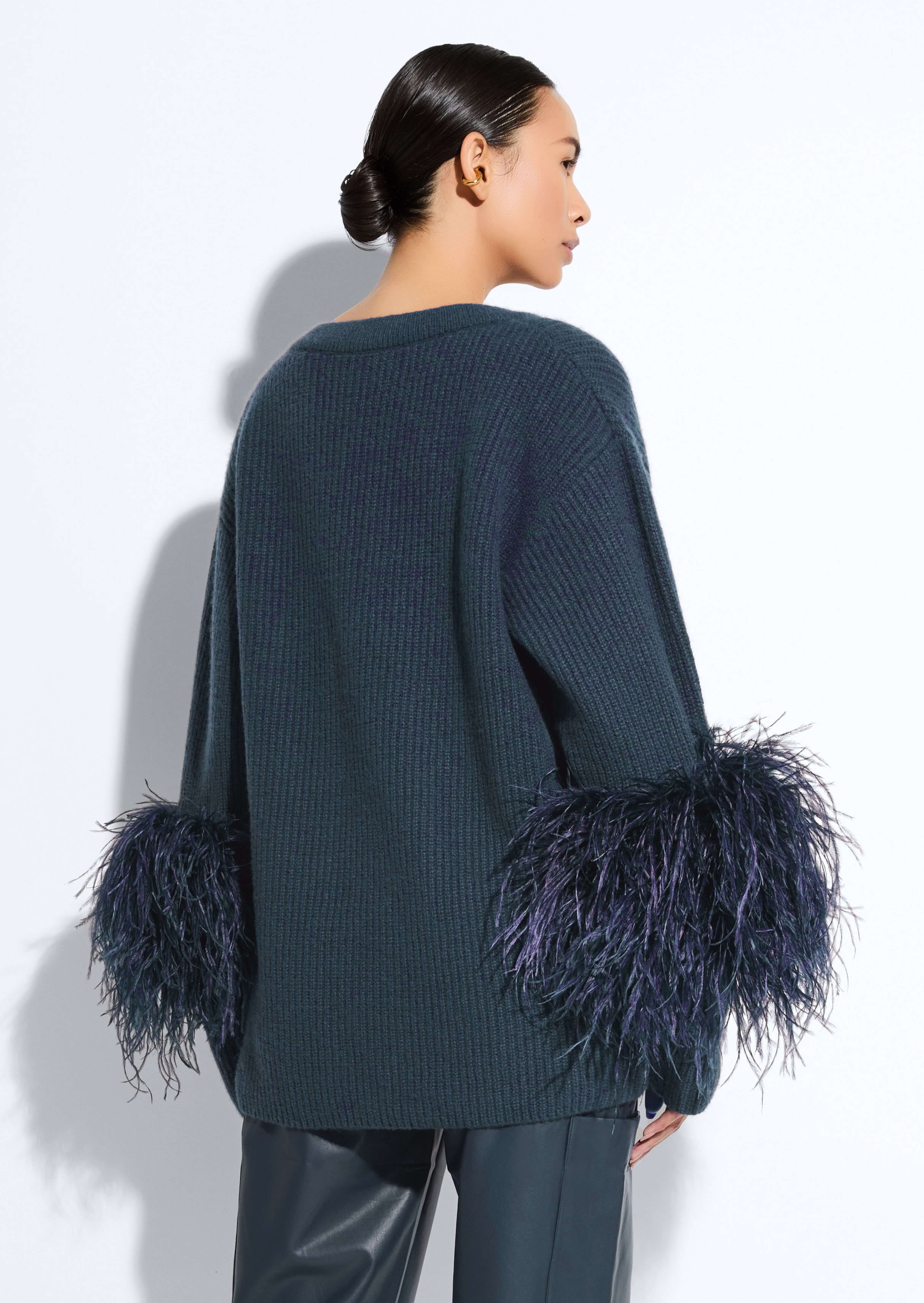 Cashmere V Neck Sweater With Feathers - 3