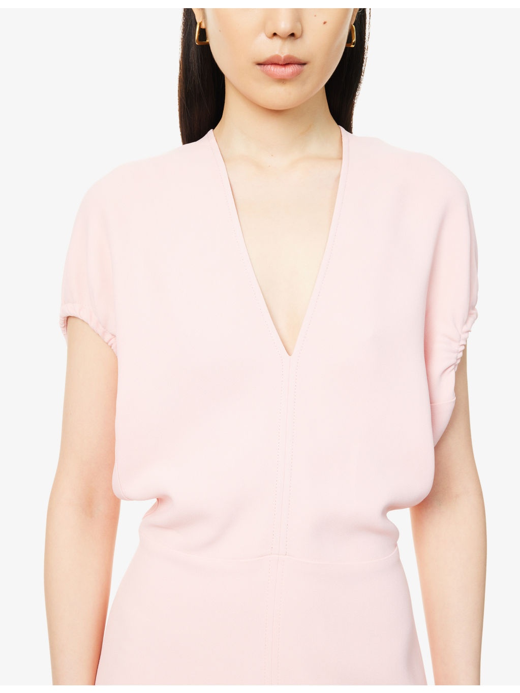 V-Neck Puffed-Sleeves Stretch-Woven Midi Dress - 5