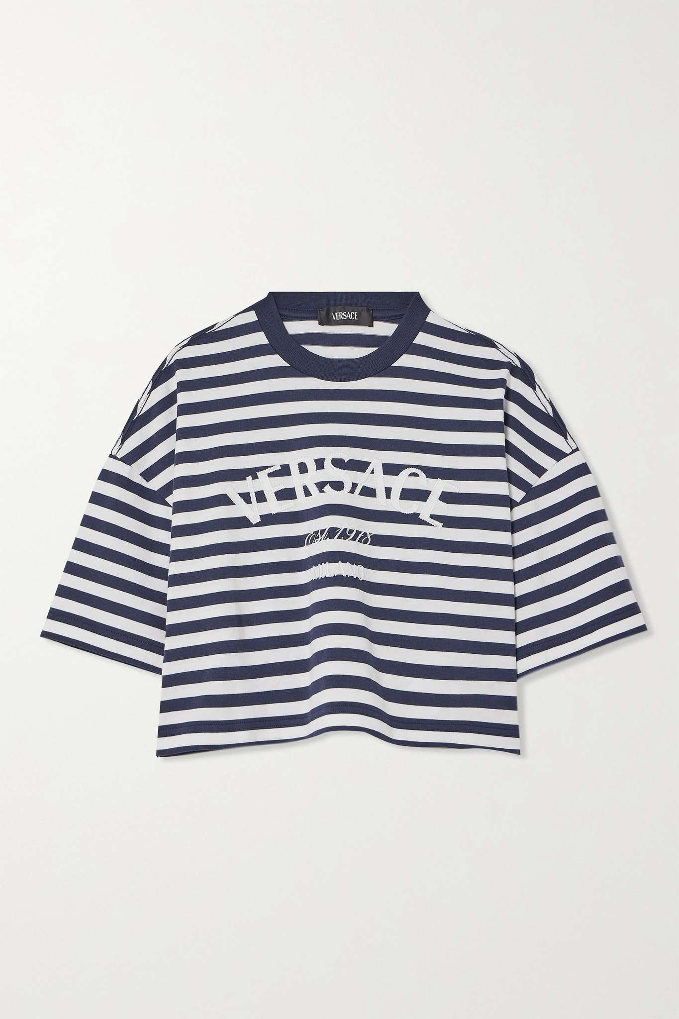Cropped embroidered striped cotton-jersey T-shirt - 1