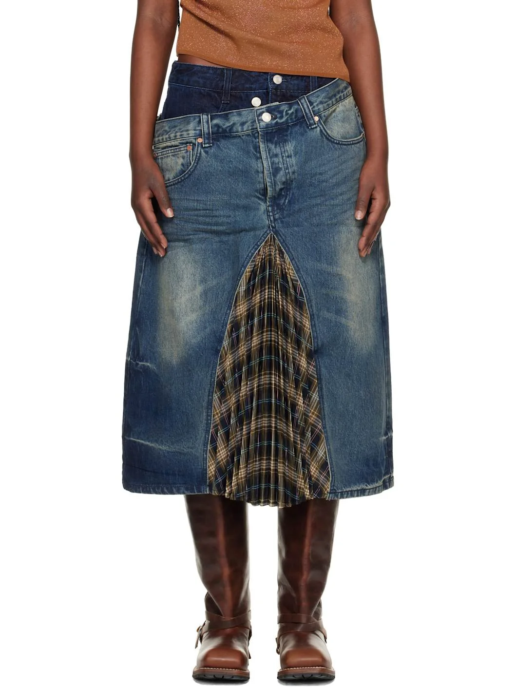 Blue & Khaki Pleats Combo Flipped Denim Midi Skirt - 1