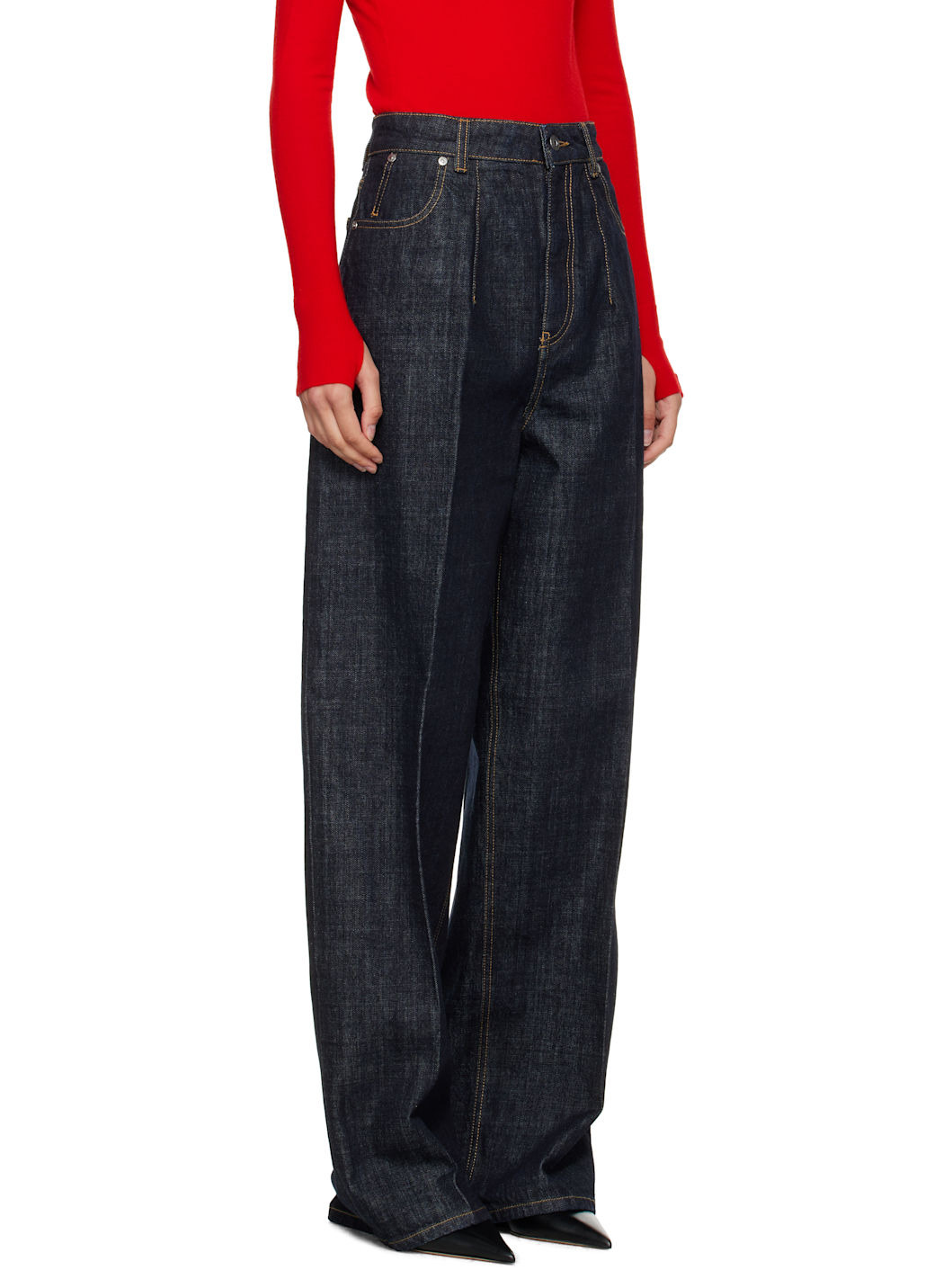 Navy High Waisted Cinched Jeans - 2