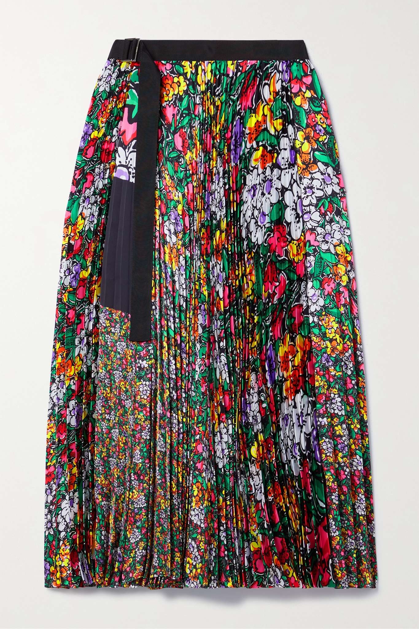 Belted floral-print plissé-satin midi wrap skirt - 1