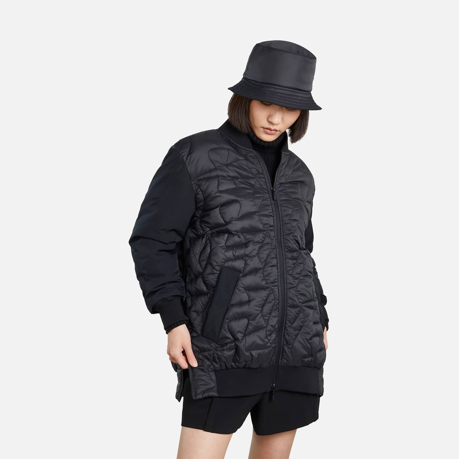 Long Quilted Bomber Jacket Black - 6