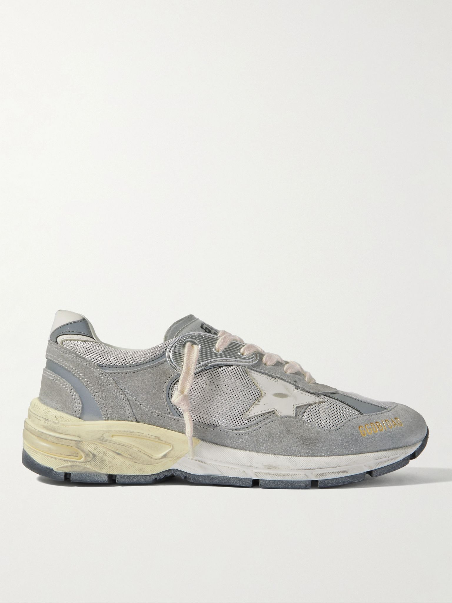 Dad-Star Distressed Leather-Trimmed Suede and Mesh Sneakers Gray - 1