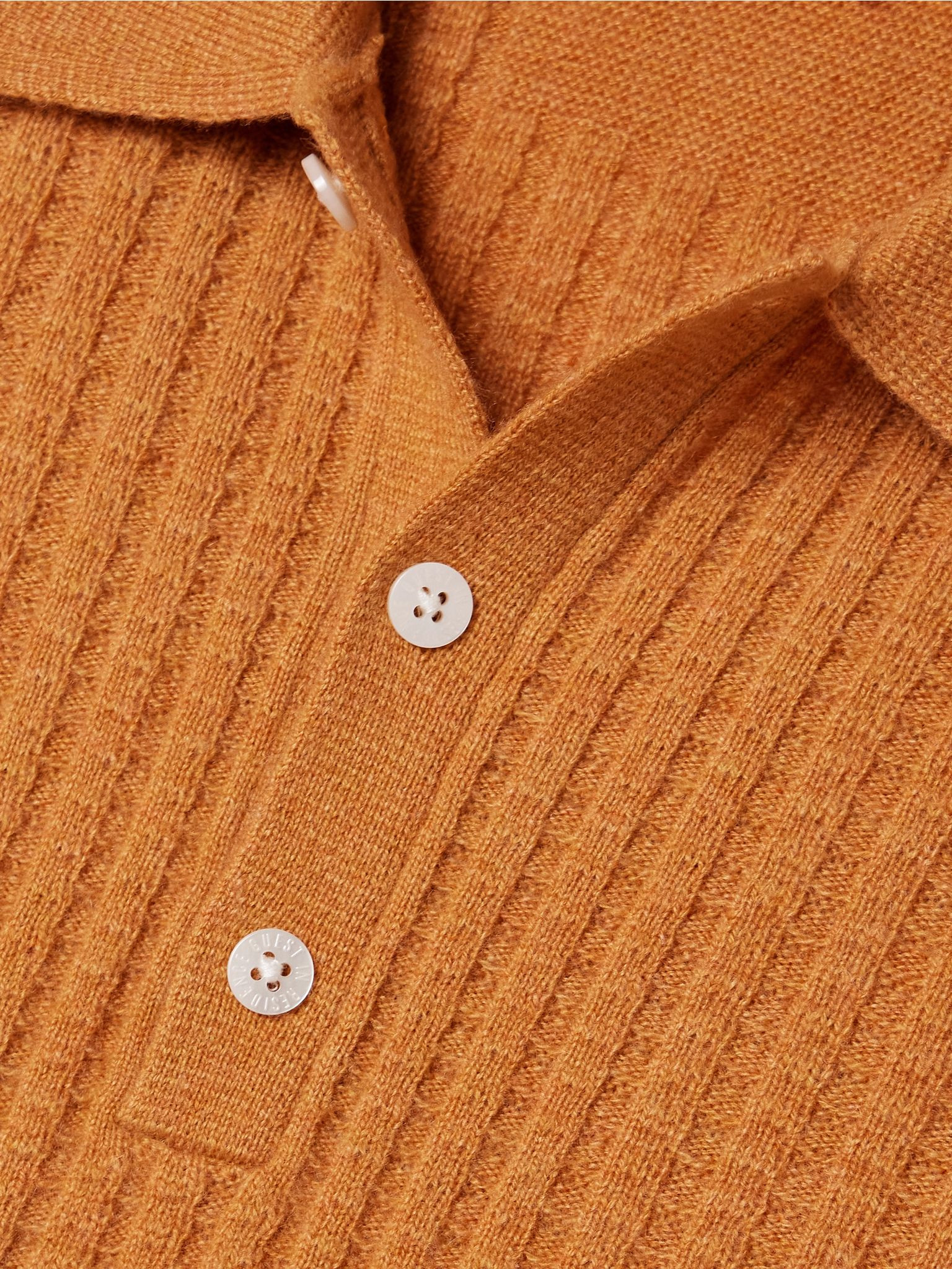 Ribbed waffle-knit cashmere polo sweater Mustard - 5