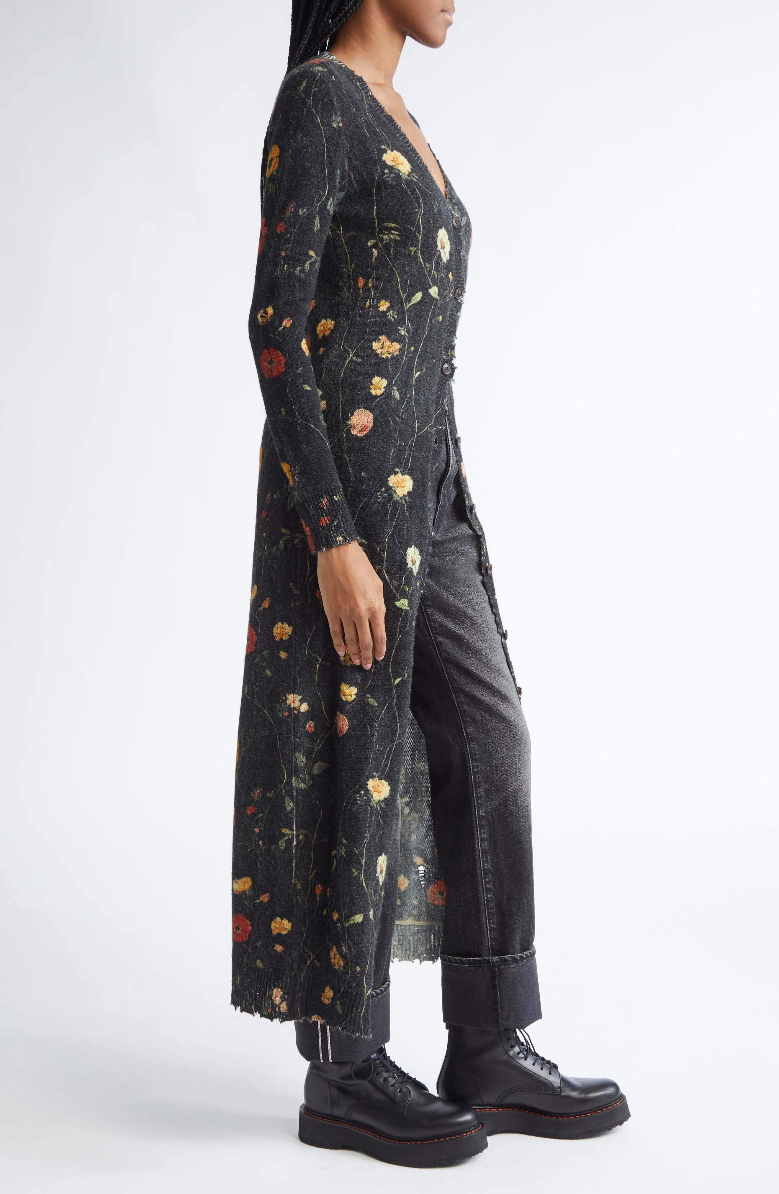 R13 Floral Skinny Long Merino Wool Cardigan in Floral On Black at Nordstrom - 4