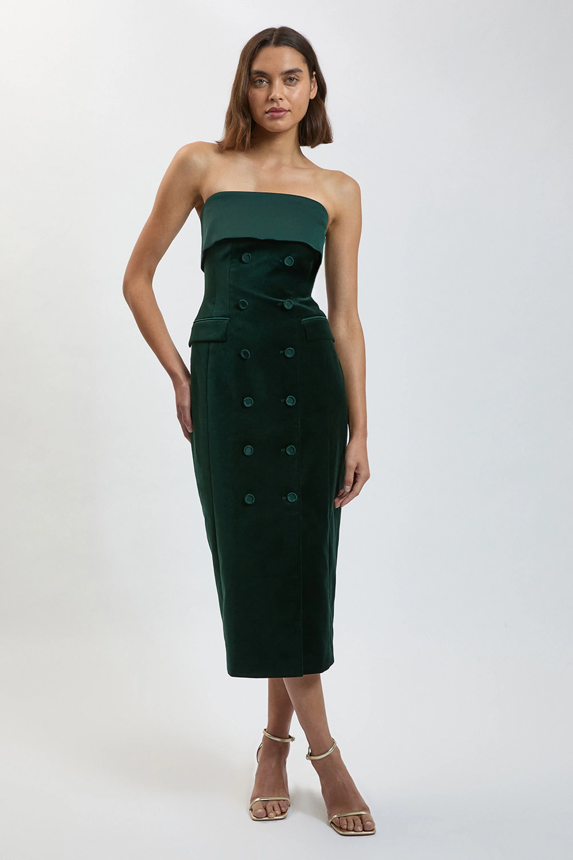 Velvet and Satin Mix Button Midi Dress - 1