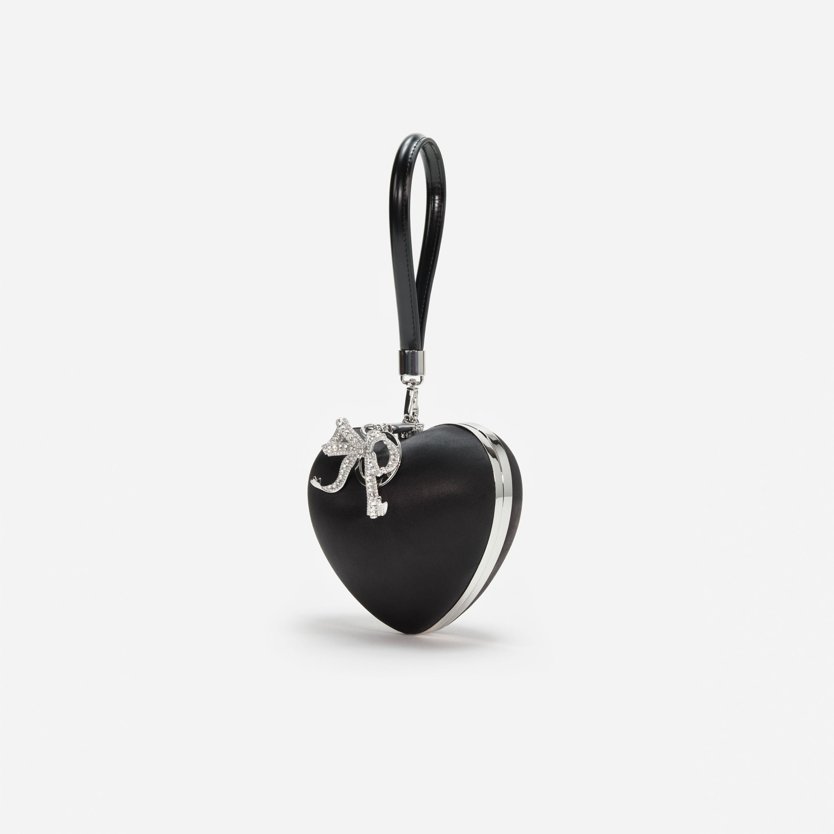 Black Satin Top Handle Heart Clutch - 2