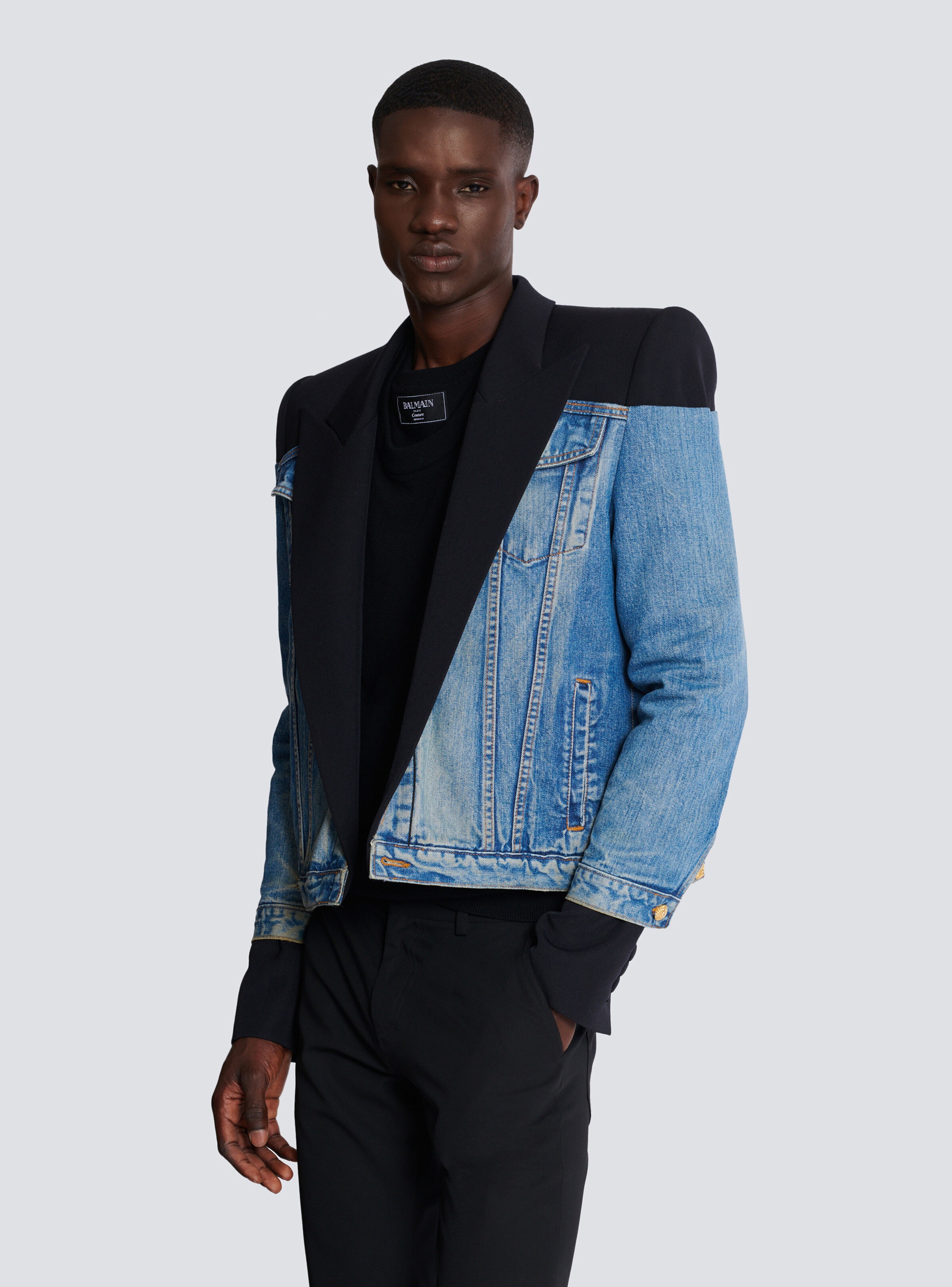 Cropped denim and grain de poudre jacket - 6