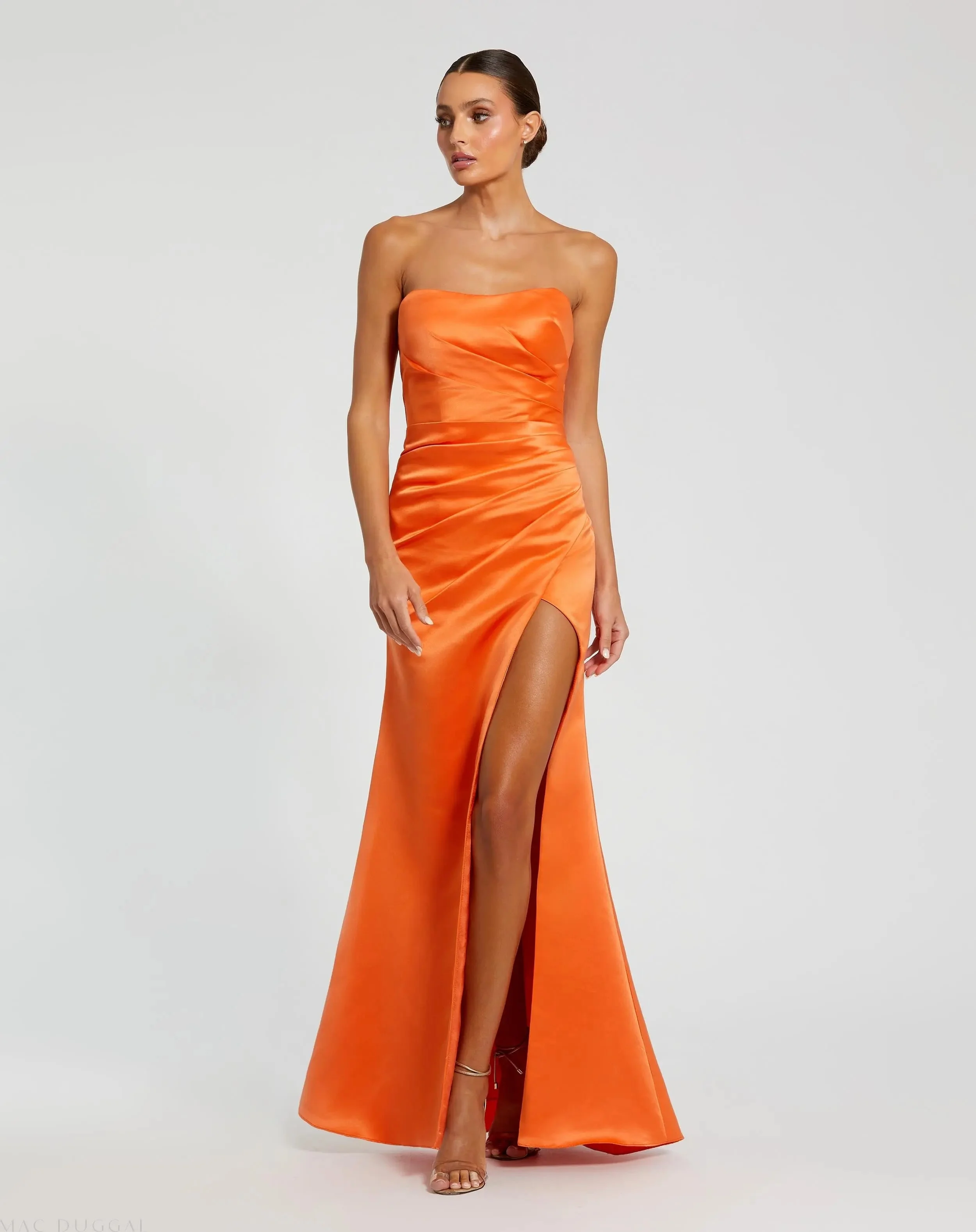Sherbet Strapless Satin Gown With Slit - 1