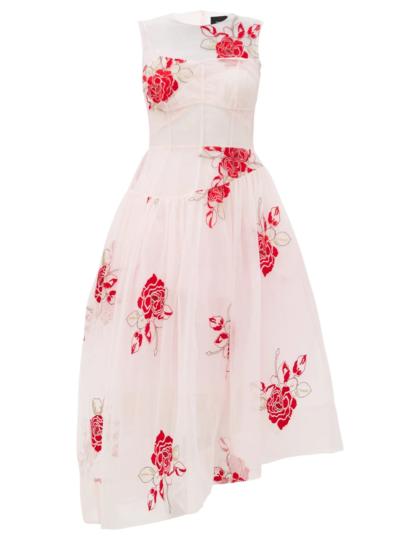 Asymmetric floral-embroidered tulle midi dress - 1