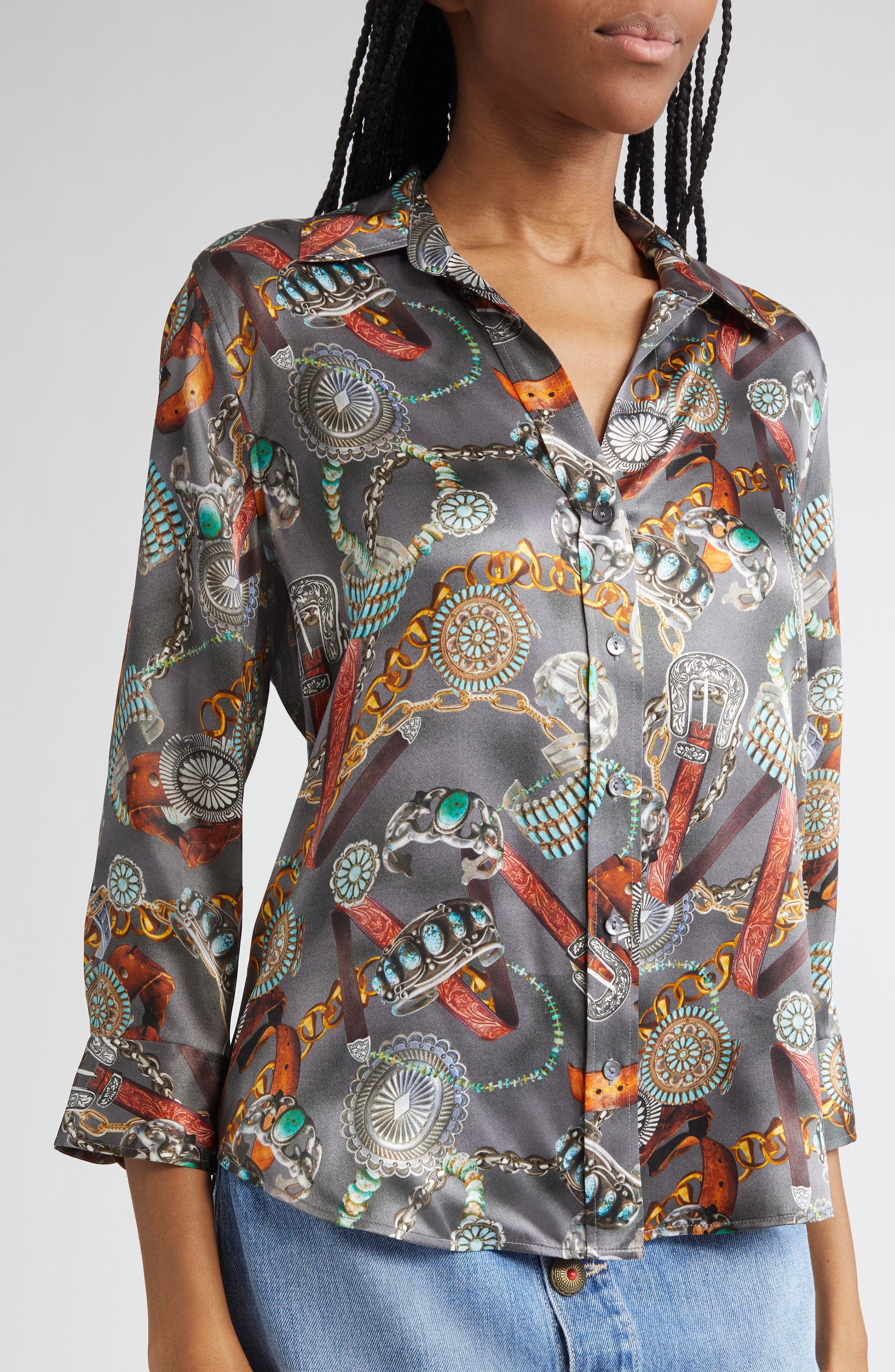 L'AGENCE Dani Three-Quarter Sleeve Silk Button-Up Shirt in Multi Western Belt Print at Nordstrom - 5