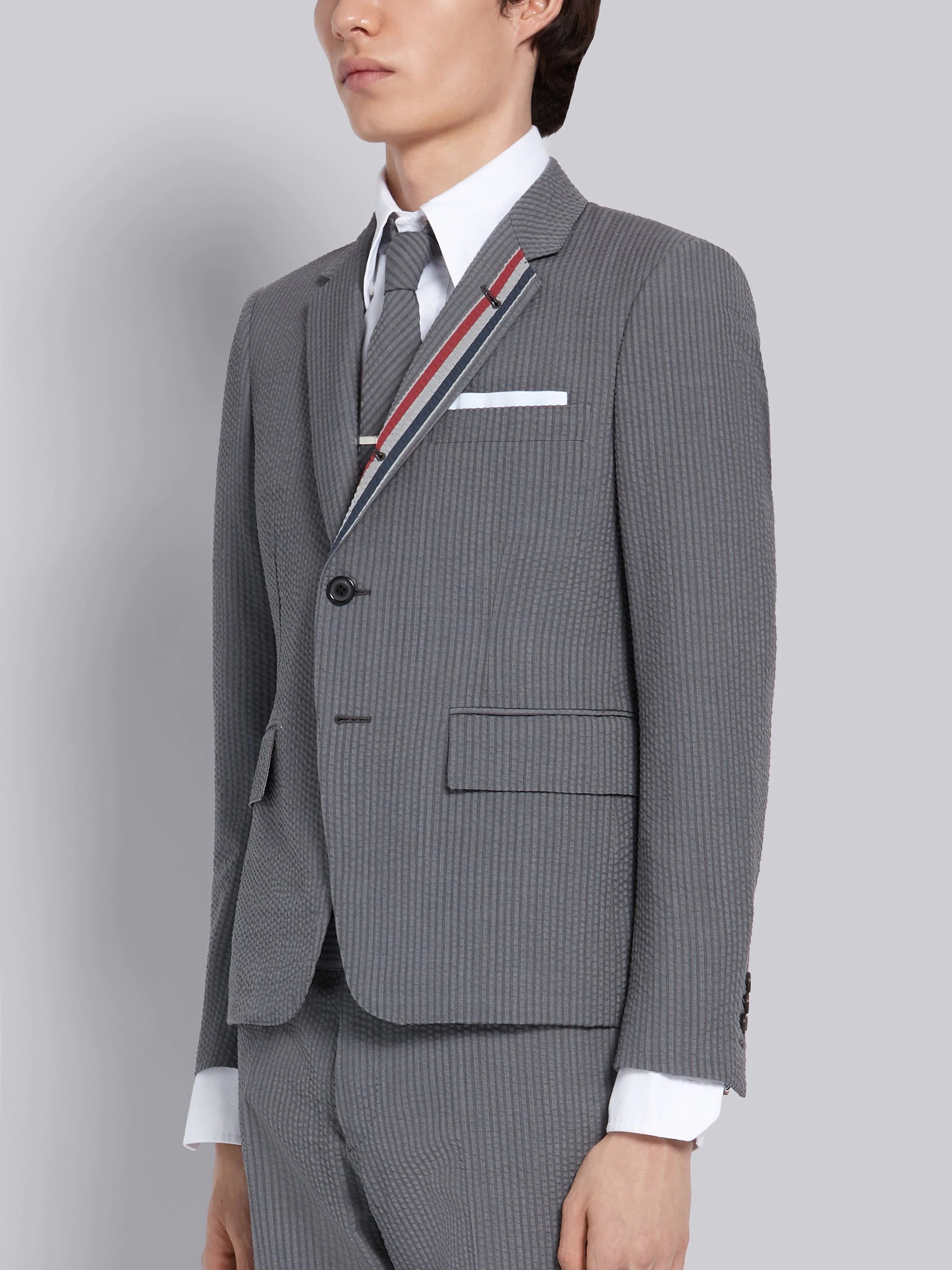 Light Grey Wool Seersucker Engineered Stripe High Armhole Jacket - 3