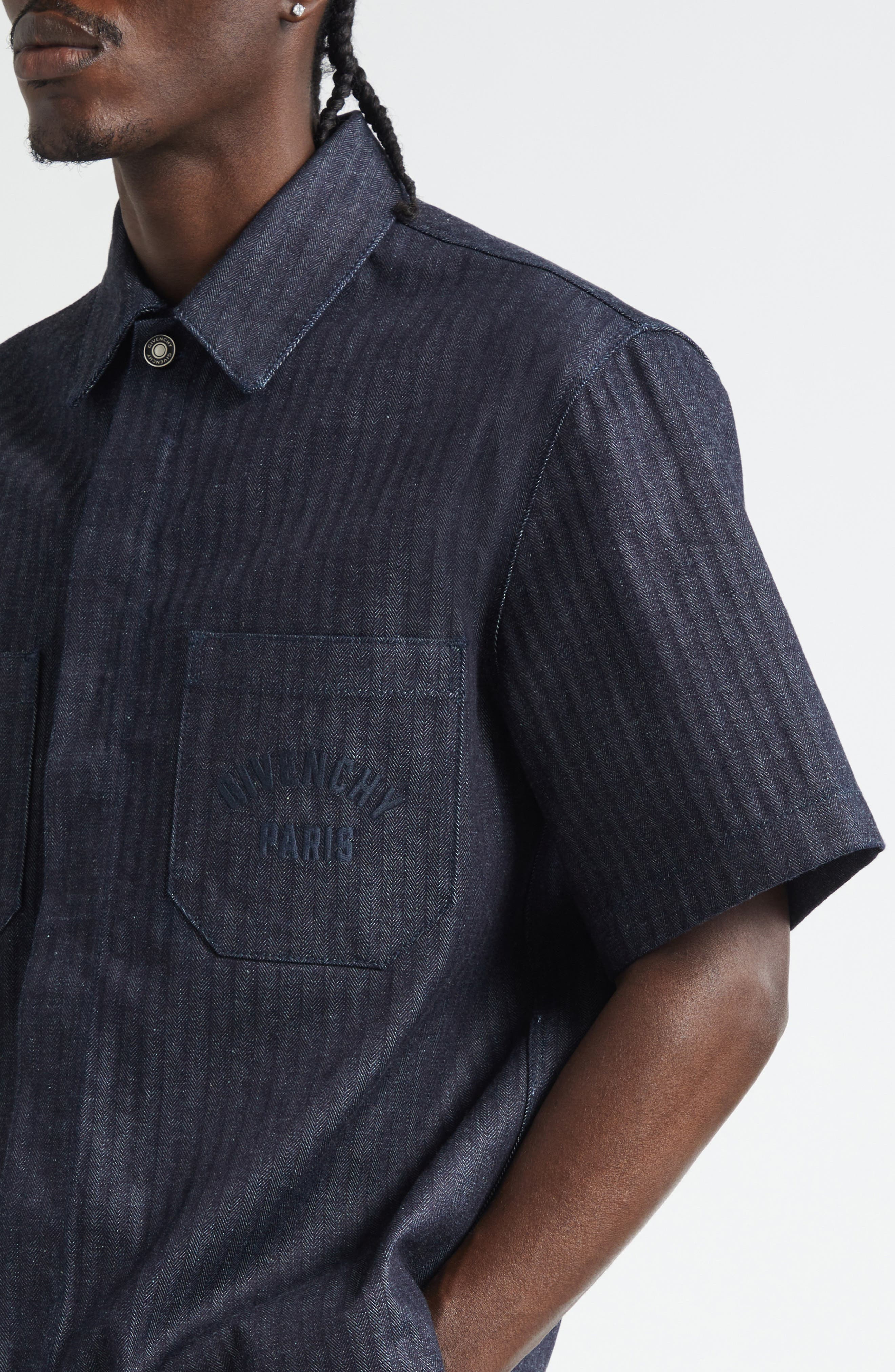 Givenchy Short Sleeve Denim Button-Up Shirt in Dark Blue at Nordstrom - 5